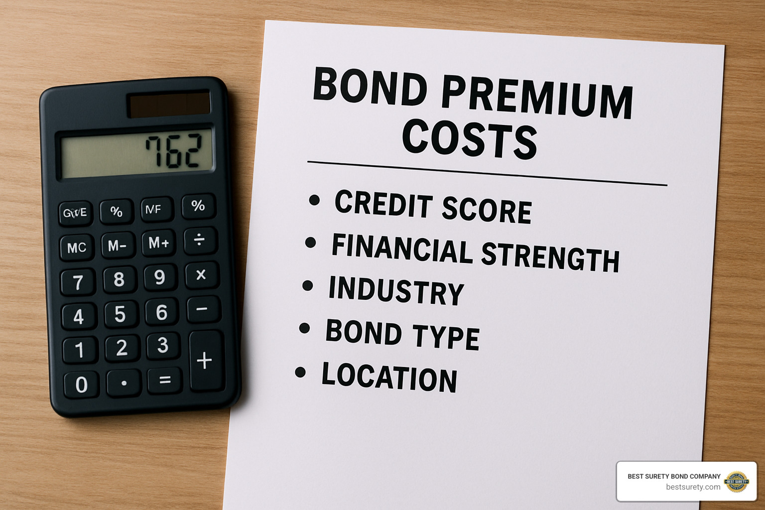 Calculator next to credit score report showing factors that influence bond premium costs - license bond near me