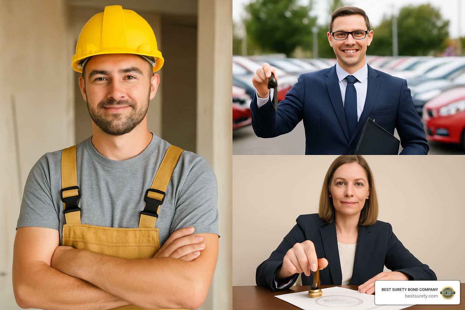 Collage showing different professionals including a contractor with hard hat, auto dealer at car lot, and notary with official seal - license bond near me