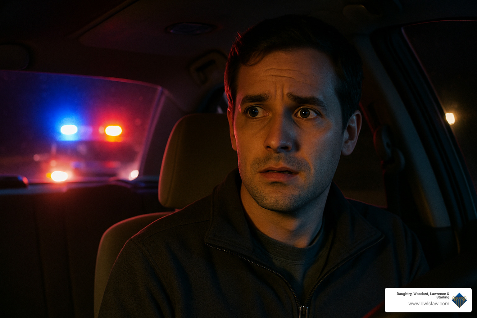 Person looking worried during a traffic stop at night - DWI criminal defense lawyer