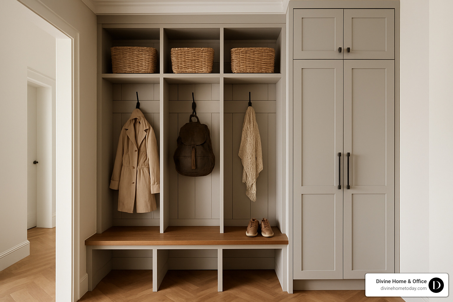 stylish mudroom with custom cubbies bench and shaker-style cabinet doors - Custom built-ins Denver