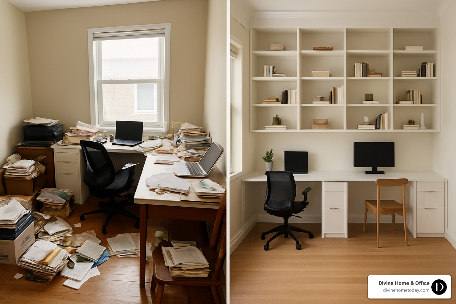 cluttered home office before and sleek organized office after custom built-ins installation - Custom built-ins Denver