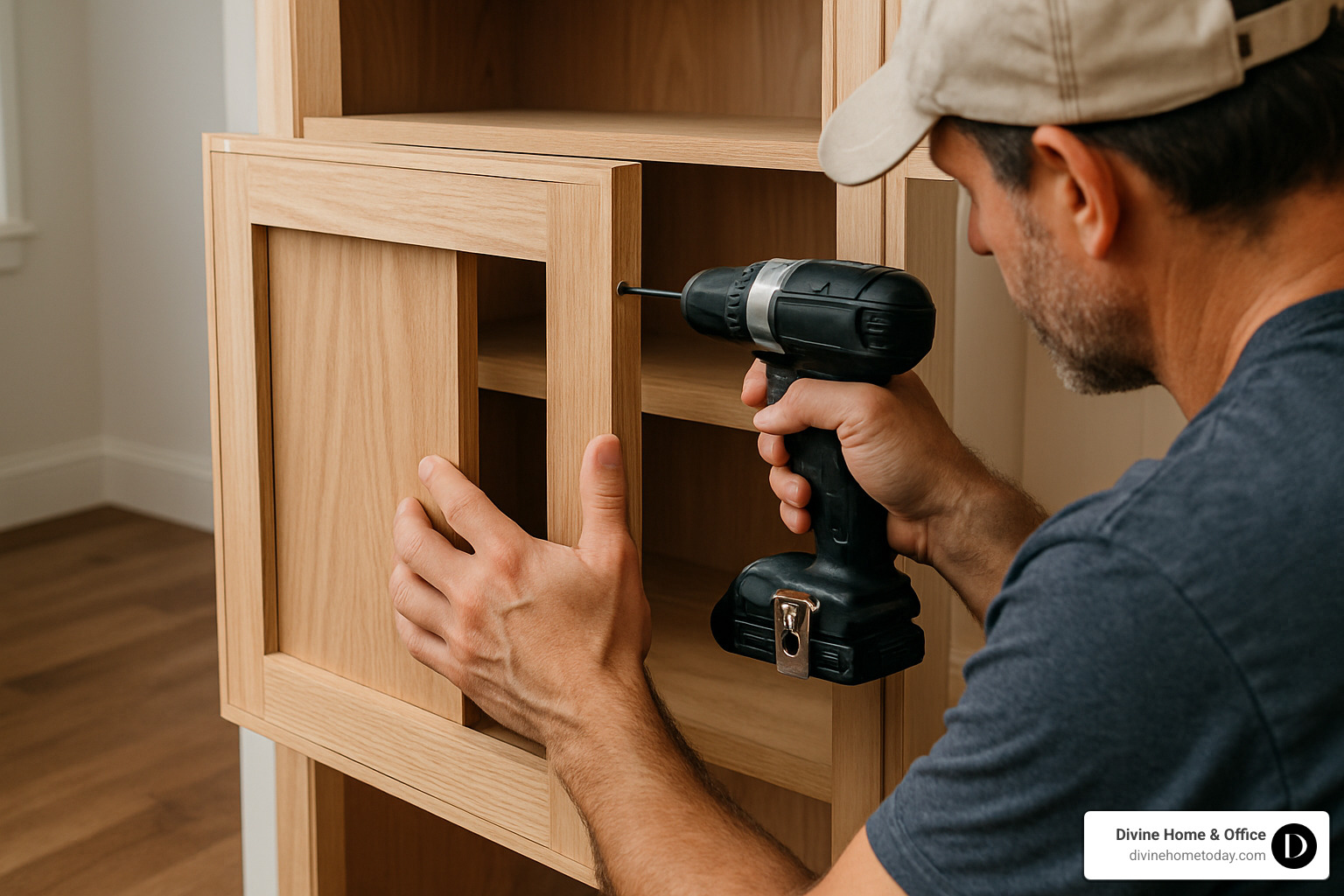 craftsman carefully installing custom cabinet face frame - Custom built-ins Denver
