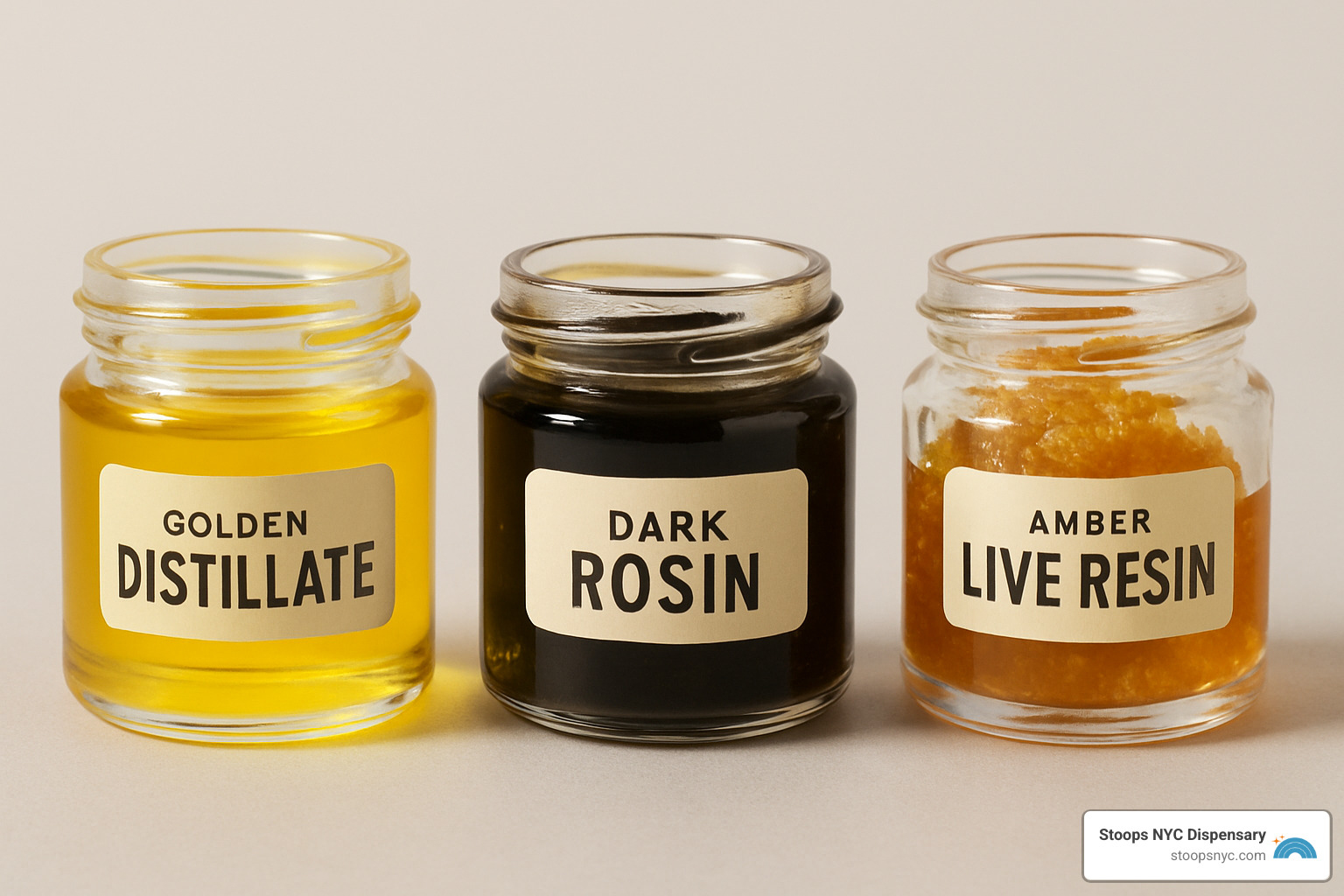 Different cannabis extracts like golden distillate, dark rosin, and amber live resin displayed in glass containers - best tasting edibles