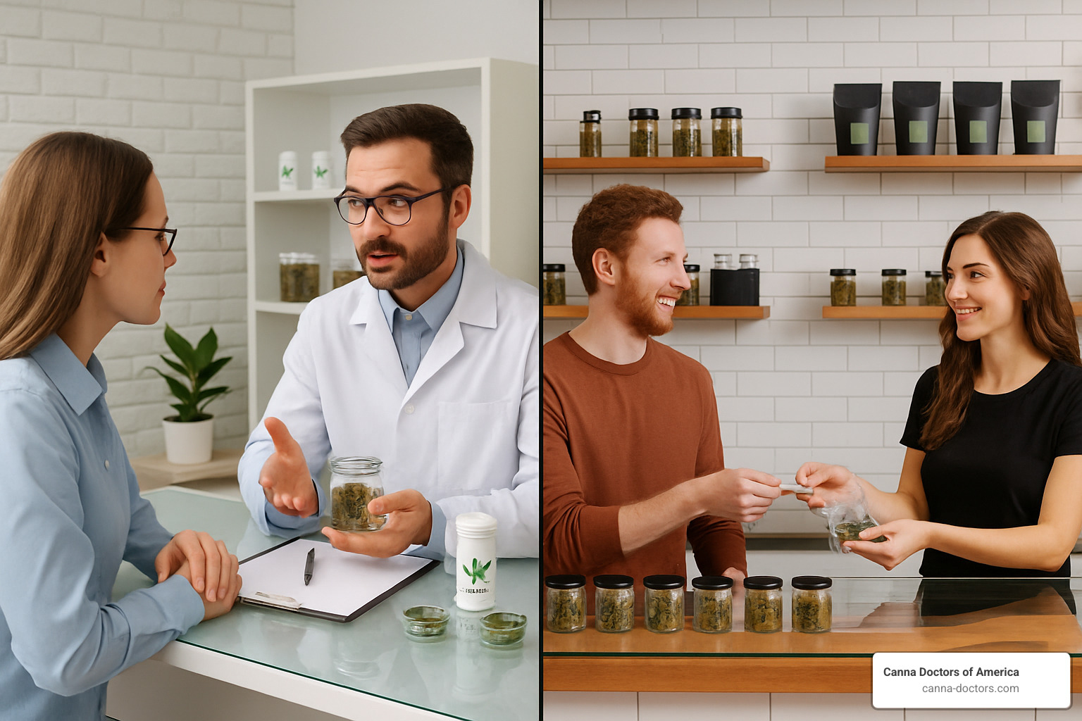 Medical dispensary counter showing professional consultation versus recreational dispensary counter - weed card