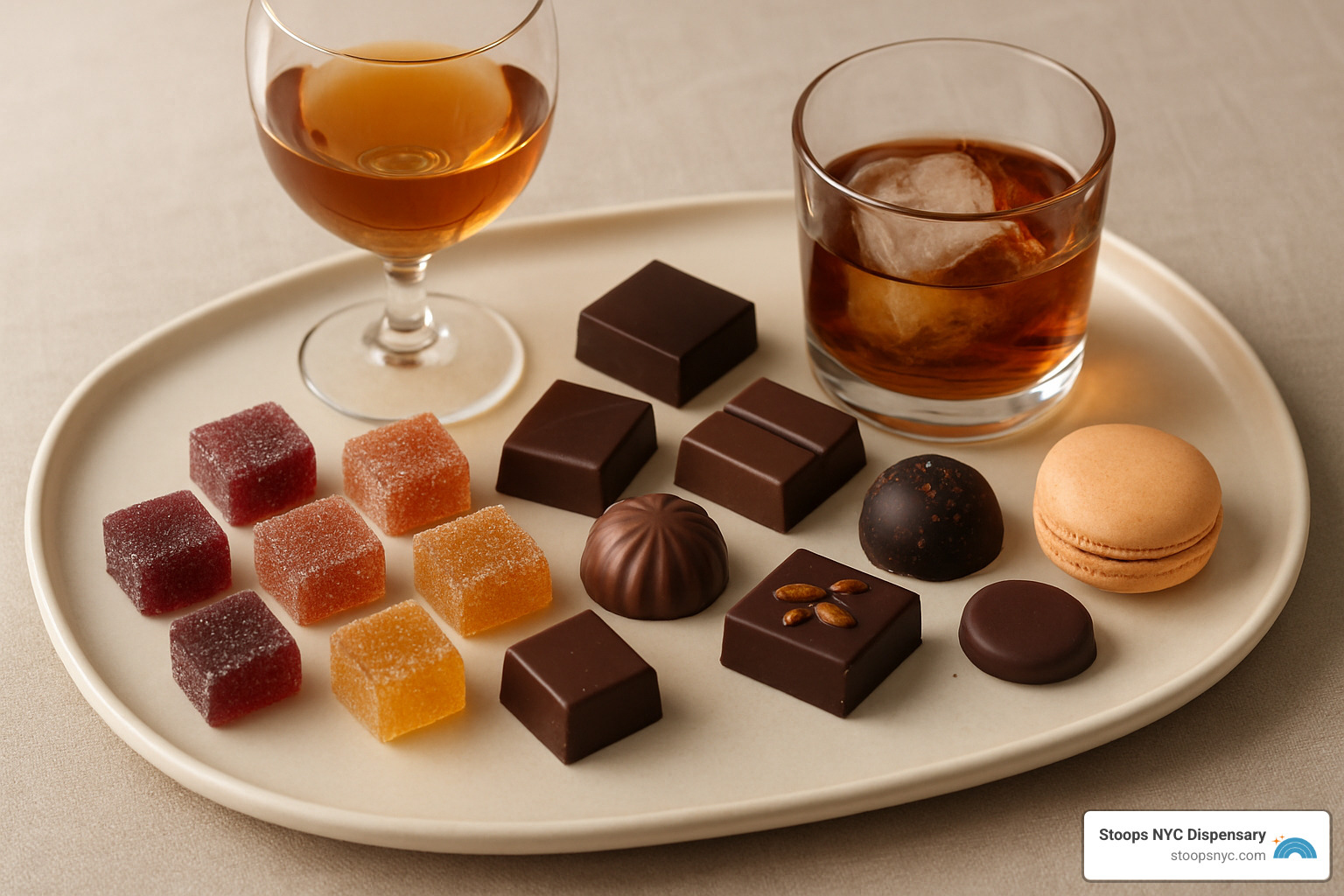 A curated spread of different edible types like gummies, chocolates, and beverages arranged on an neat platter - best tasting edibles