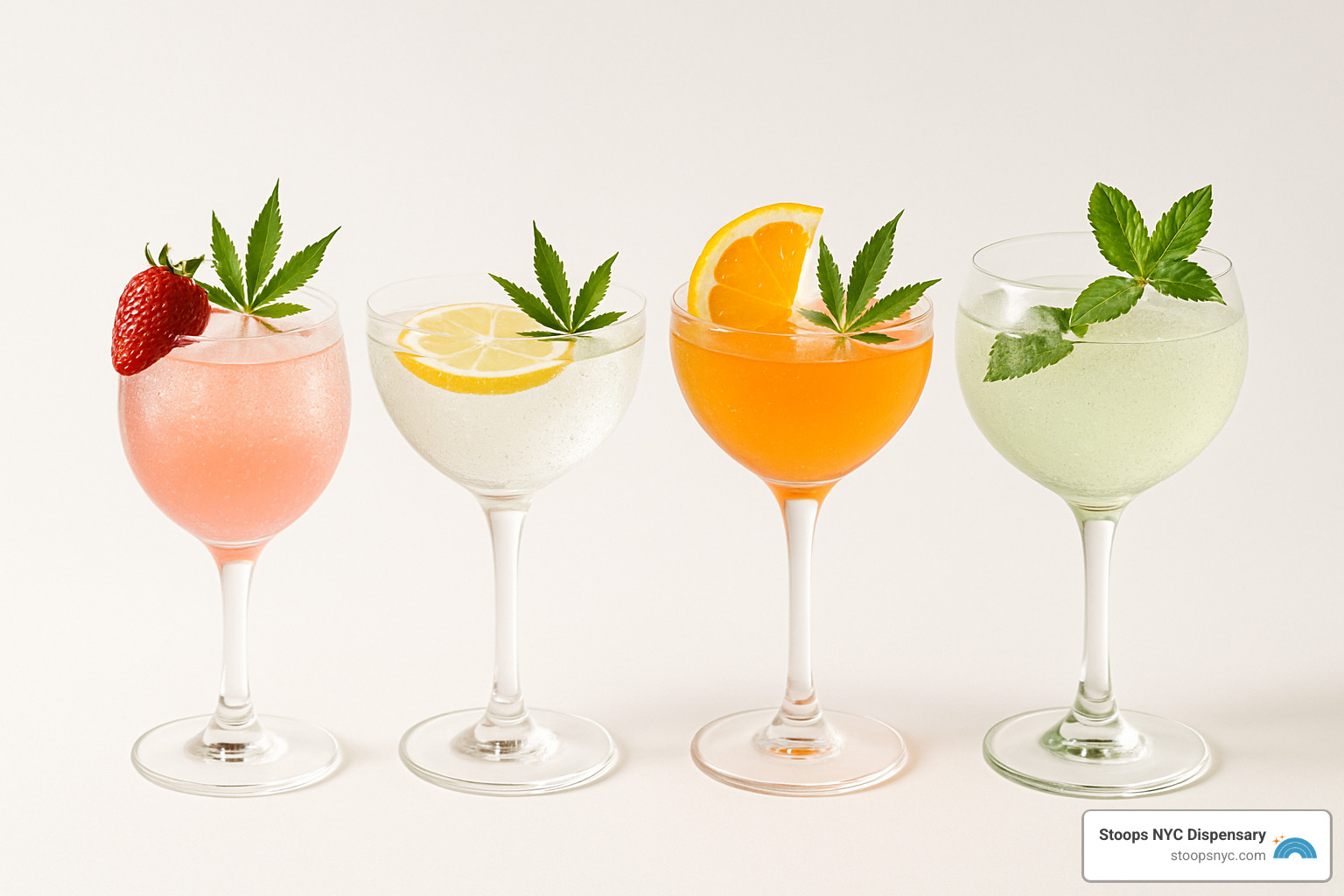 Cannabis-infused seltzers and tonics in neat cocktail glasses with garnishes - best tasting edibles