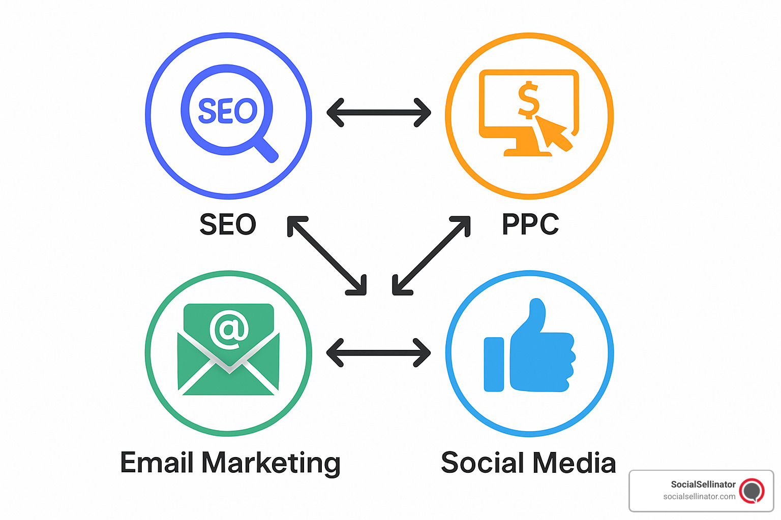 interconnected digital marketing channels showing SEO, PPC, Social Media, and Email Marketing - best digital marketing strategies