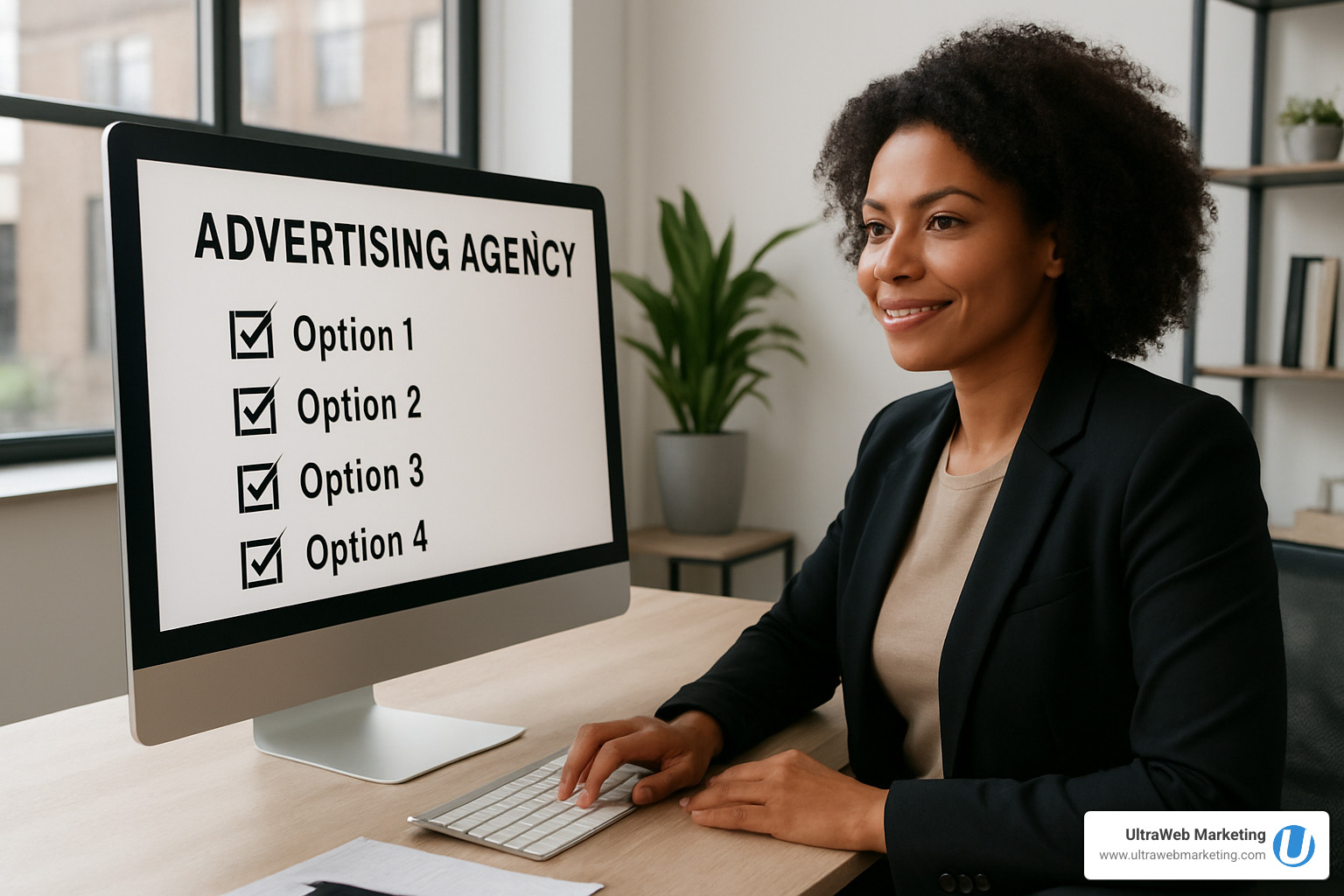 A confident business owner reviewing a comprehensive checklist on a computer screen, evaluating different advertising agency options - advertising agencies florida A confident business owner reviewing a comprehensive checklist on a computer screen, evaluating different advertising agency options - advertising agencies florida