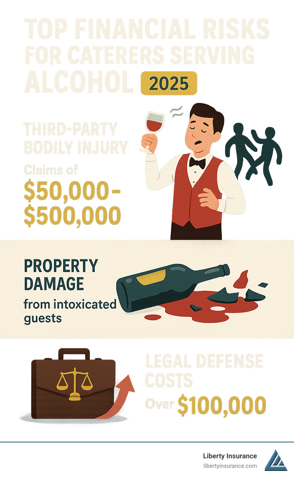5d19e329cb3fb81ea316319095a9723298265c92 Don't Get Shaken or Stirred—Liquor Liability Insurance for Caterers Explained Protect your catering business. Learn why liquor liability insurance for caterers is essential, what it covers, and how to get it. Infographic showing the top 3 financial risks for caterers serving alcohol: third-party bodily injury claims averaging $50,000-$500,000, property damage claims from intoxicated guests, and legal defense costs that can exceed $100,000 even for unsuccessful lawsuits - liquor liability insurance for caterers infographic