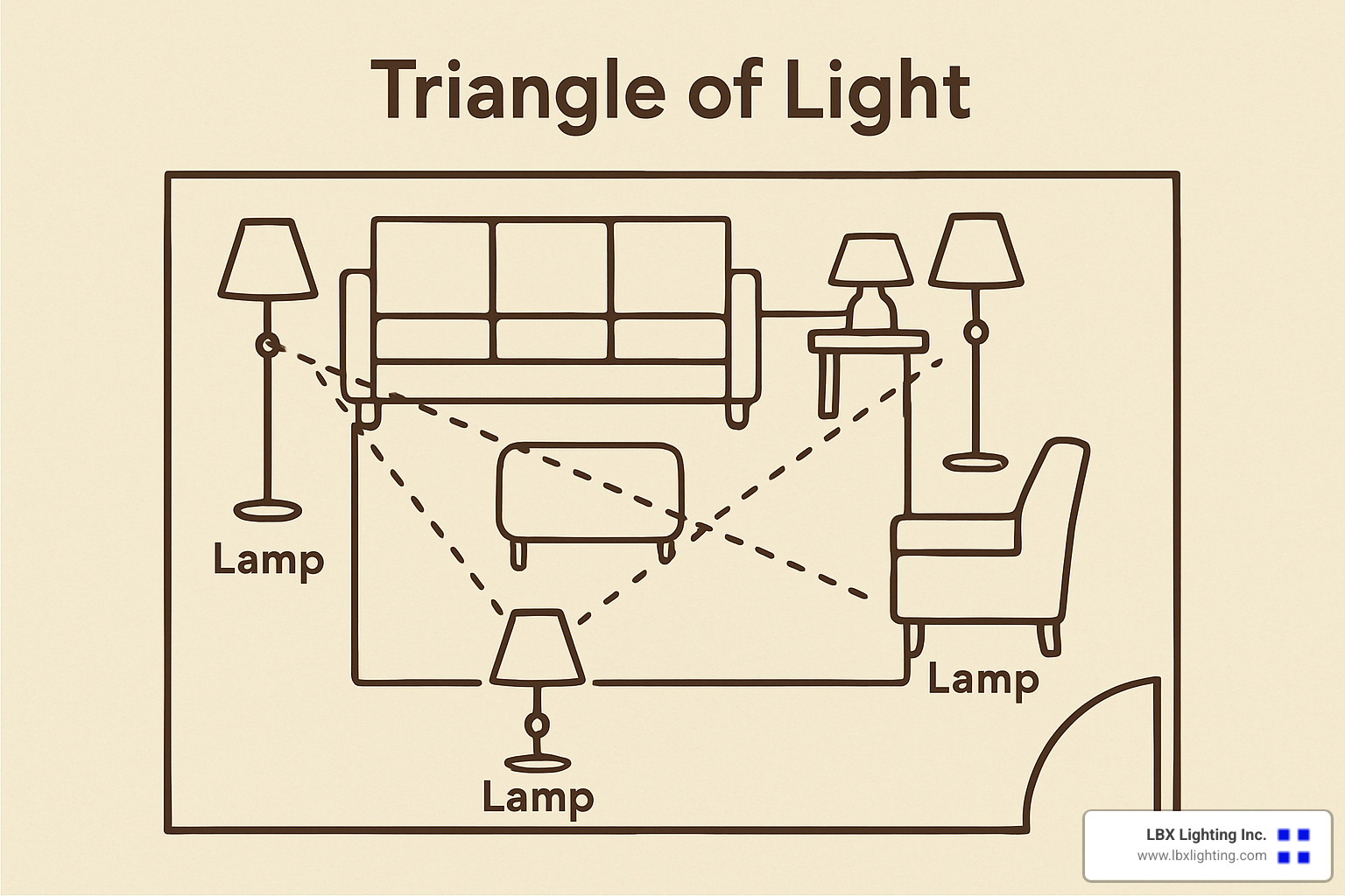 living room layout diagram showing triangle of light concept with three lamps strategically placed - decorating with lamps