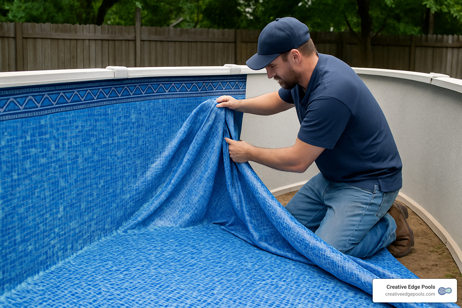 professional installing an above-ground pool liner - cost of a pool liner above ground