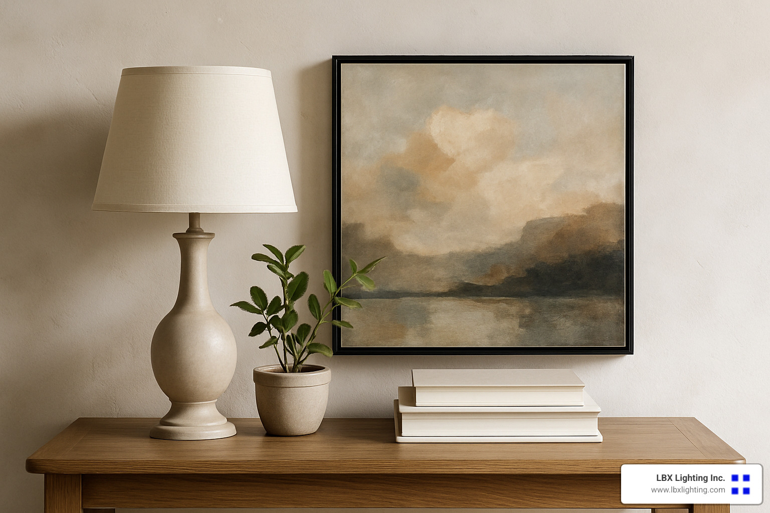 beautifully styled vignette on console table with lamp, stacked books, small plant, and art piece - decorating with lamps
