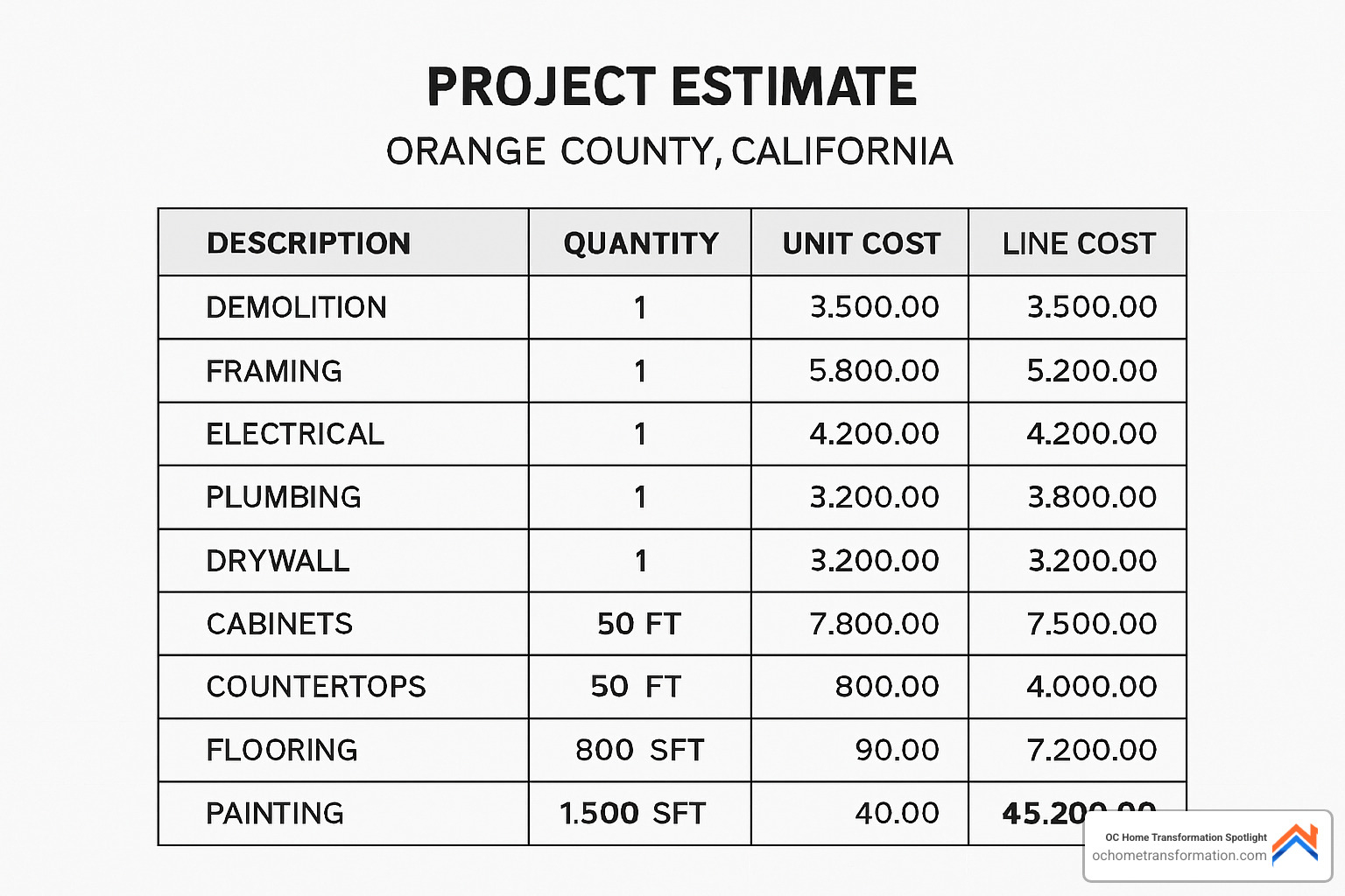 Sample itemized project estimate showing breakdown of costs for Orange County home renovation - contractor near me