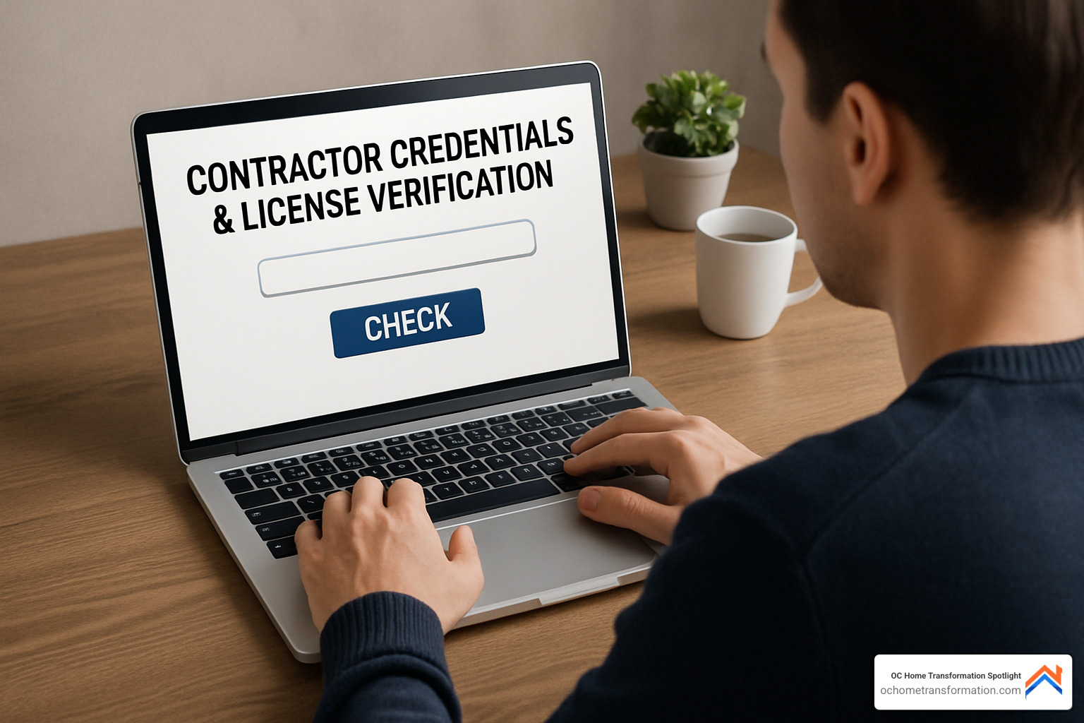 Person checking contractor credentials and license verification on laptop - contractor near me