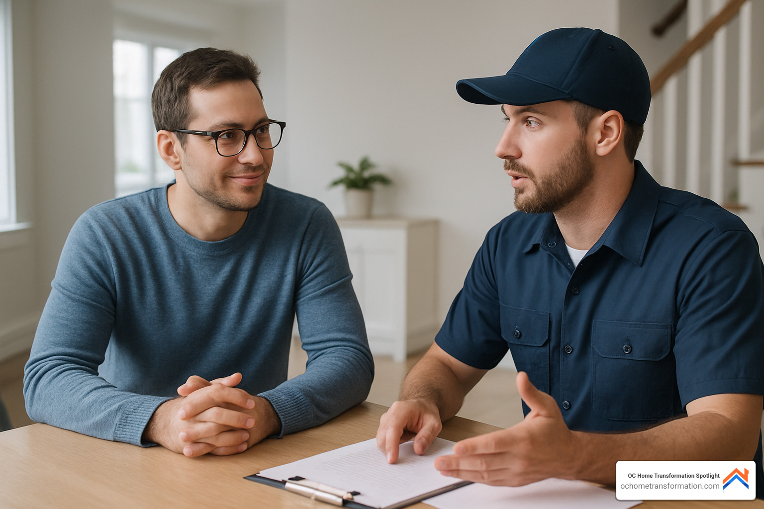 Two people having a professional discussion across a table during contractor interview - contractor near me