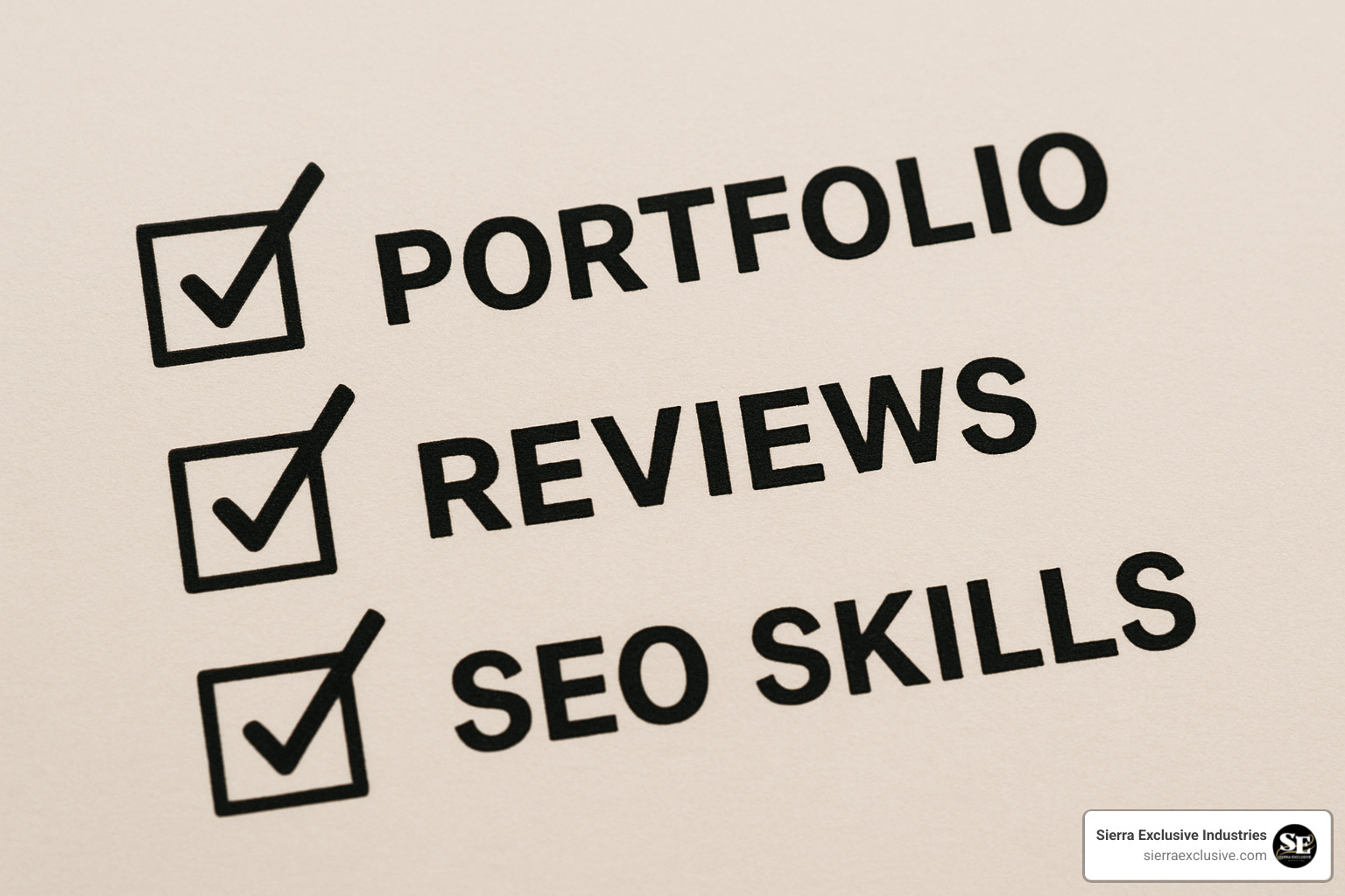 checklist with items like Portfolio, Reviews, and SEO Skills being ticked off - website design company