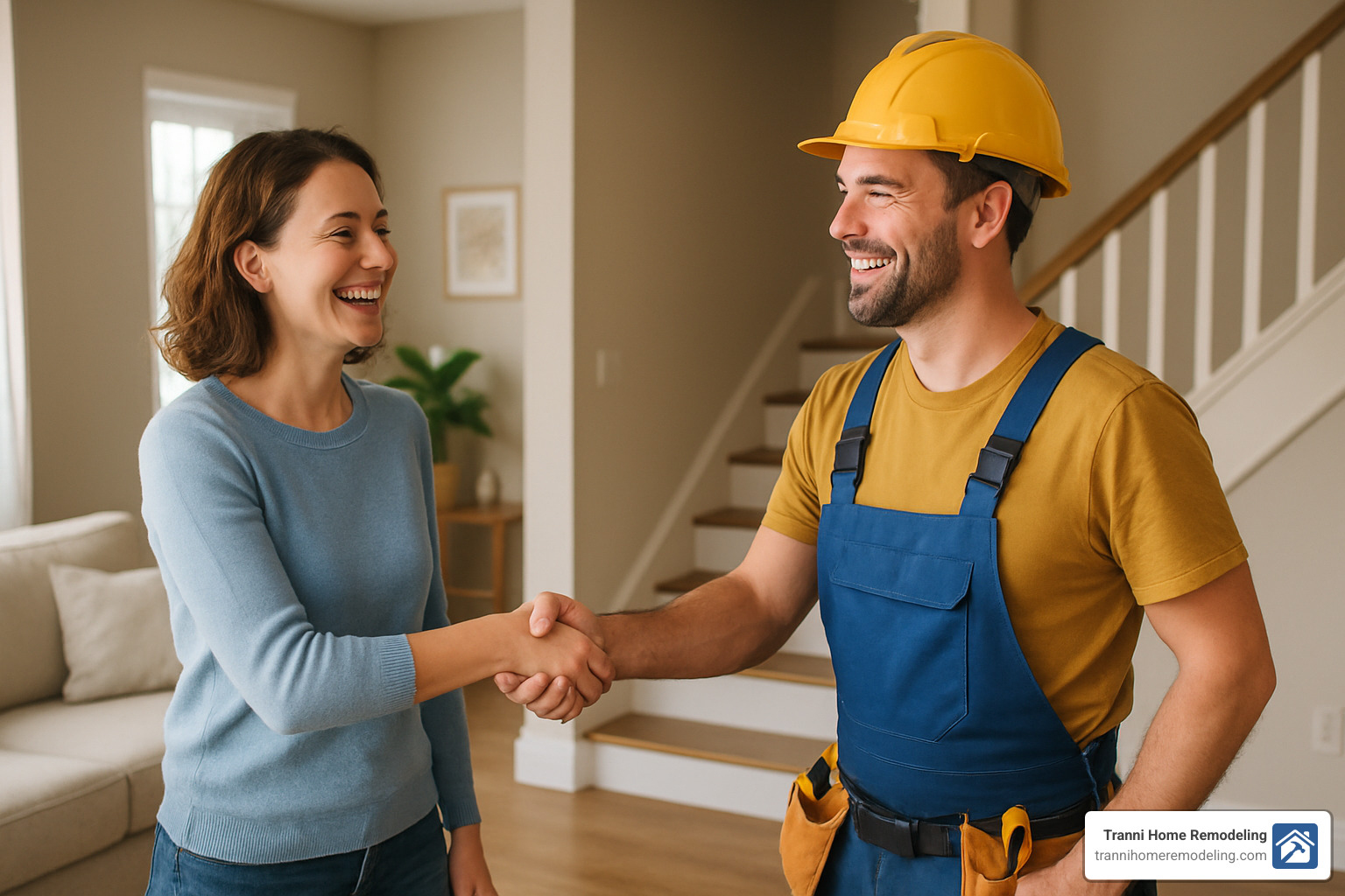 homeowner happily shaking hands with a contractor - the complete kitchen renovation company