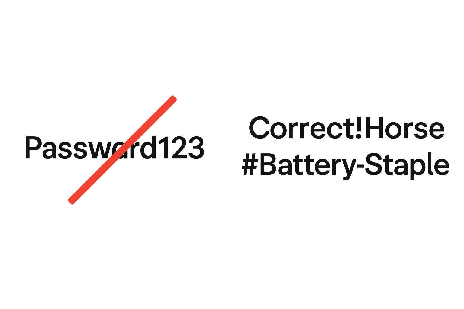 A weak password like "Password123" crossed out next to a strong passphrase like "Correct!Horse#Battery-Staple" - basic cyber security tips