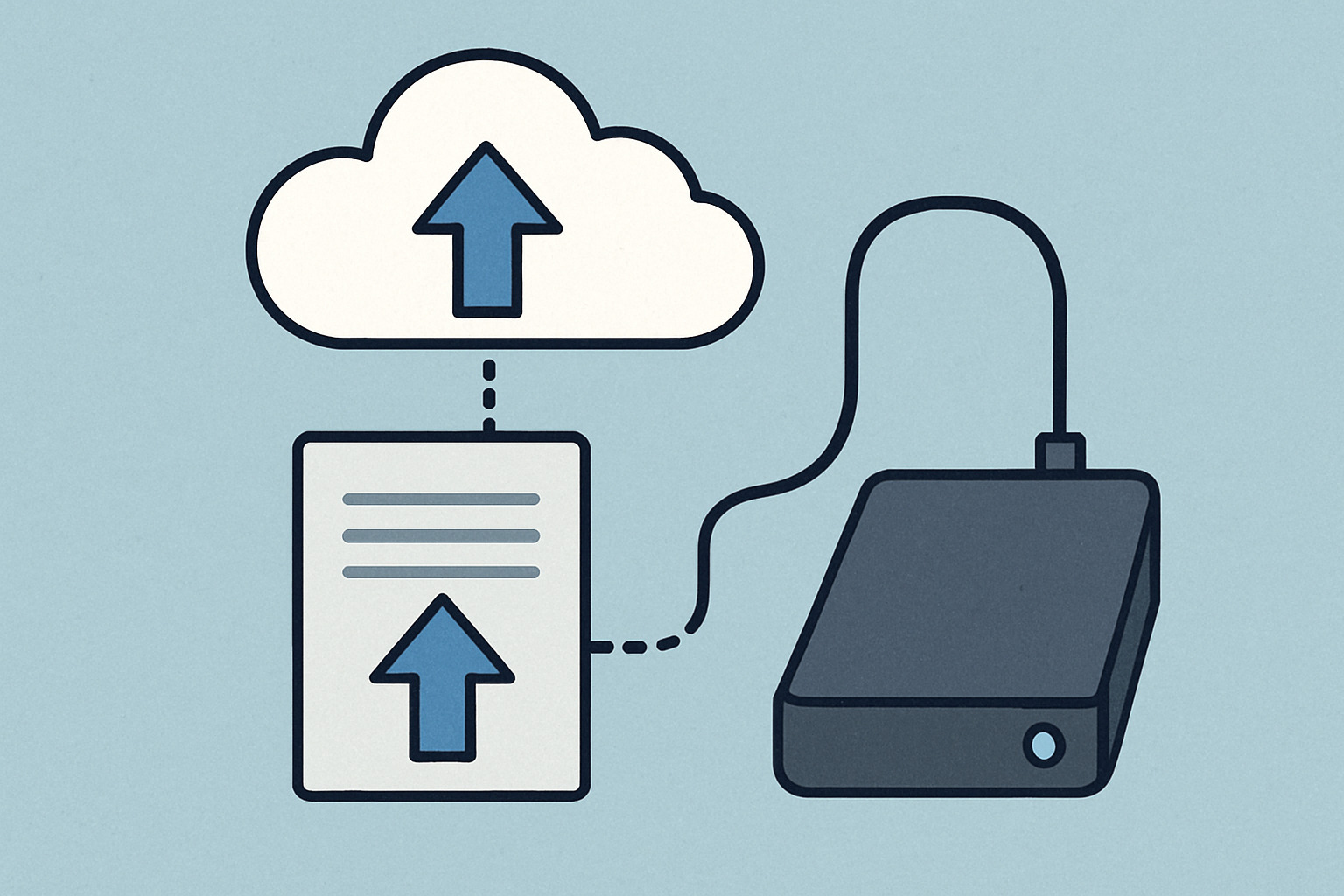 Data being backed up to both a cloud icon and an external hard drive - basic cyber security tips