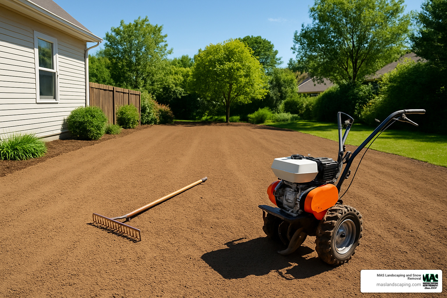 Yard being prepped with a tiller and rake showing bare, level soil ready for grass installation - lawn installation