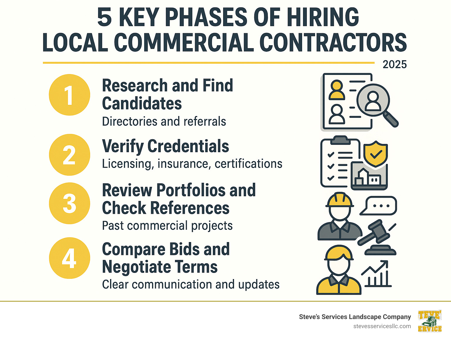 Infographic showing the 5 key phases of hiring local commercial contractors: 1) Research and find candidates through directories and referrals, 2) Verify credentials including licensing, insurance, and certifications, 3) Review portfolios and check references from past commercial projects, 4) Compare detailed bids and negotiate contract terms, 5) Manage the project with clear communication and regular progress updates - local commercial contractors infographic 