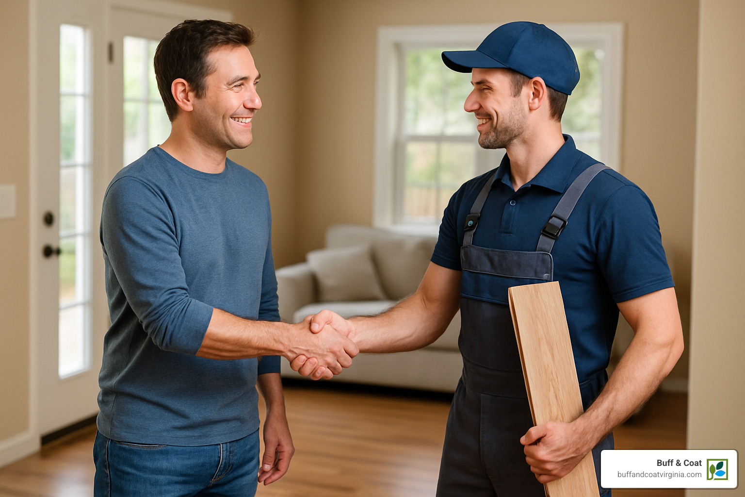 homeowner shaking hands with flooring professional - floor restoration near me