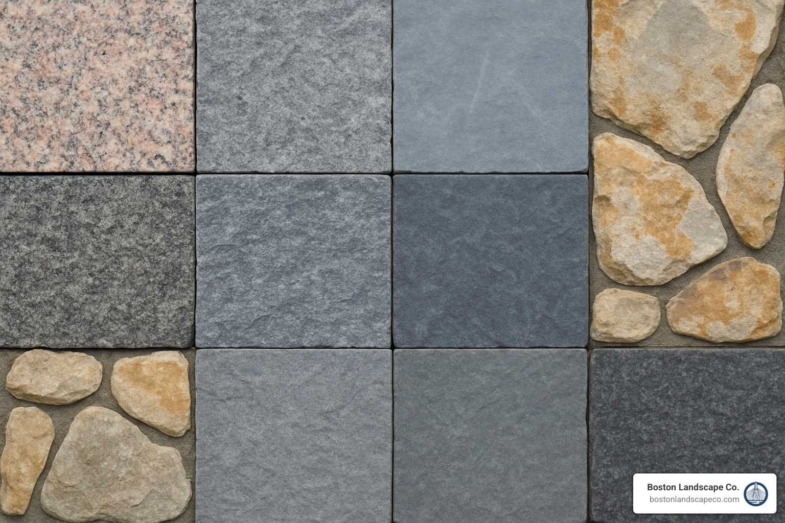 Various stone types including granite, bluestone, and fieldstone displayed side by side - Stone steps installation Boston
