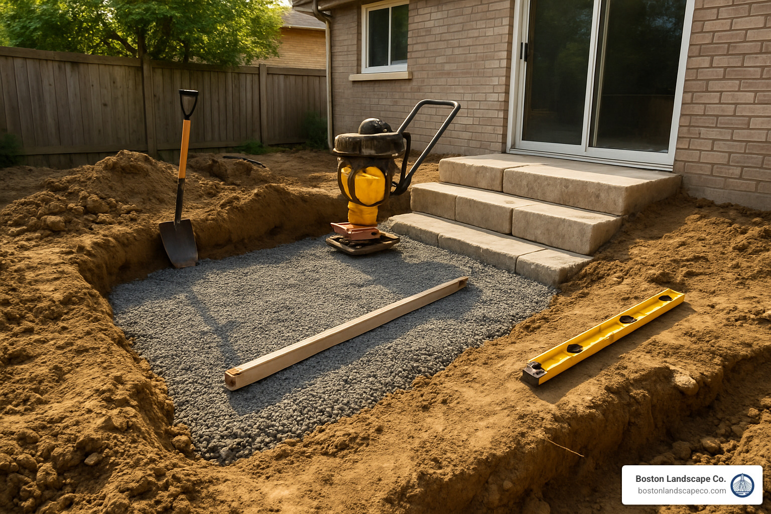 Worksite showing excavation and base preparation for stone steps - Stone steps installation Boston