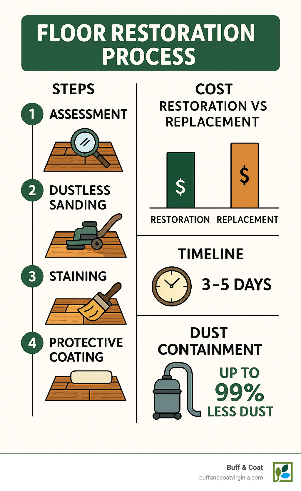 Infographic showing the complete floor restoration process from initial assessment through final protective coating, including cost comparisons between restoration versus replacement, timeline expectations, and dust containment benefits - floor restoration near me infographic