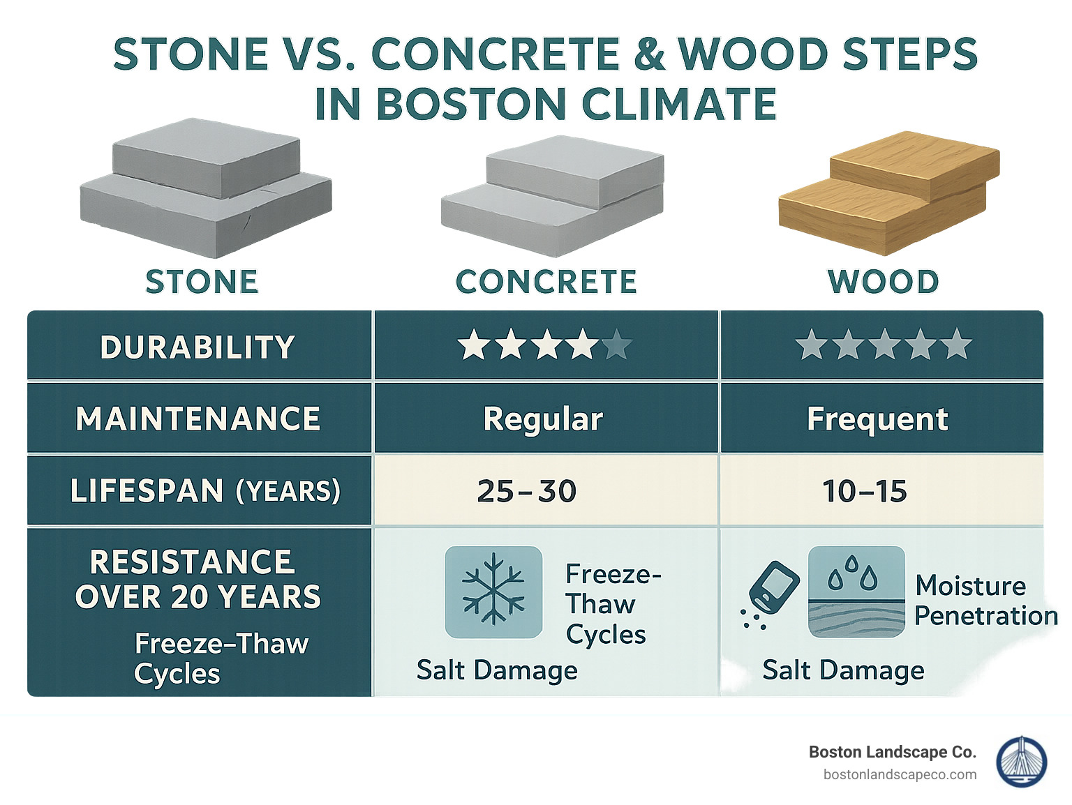 Infographic showing comparison of stone steps vs concrete and wood steps in Boston climate, highlighting durability ratings, maintenance requirements, lifespan expectations, and resistance to freeze-thaw cycles, salt damage, and moisture penetration over 20-year period - Stone steps installation Boston infographic 