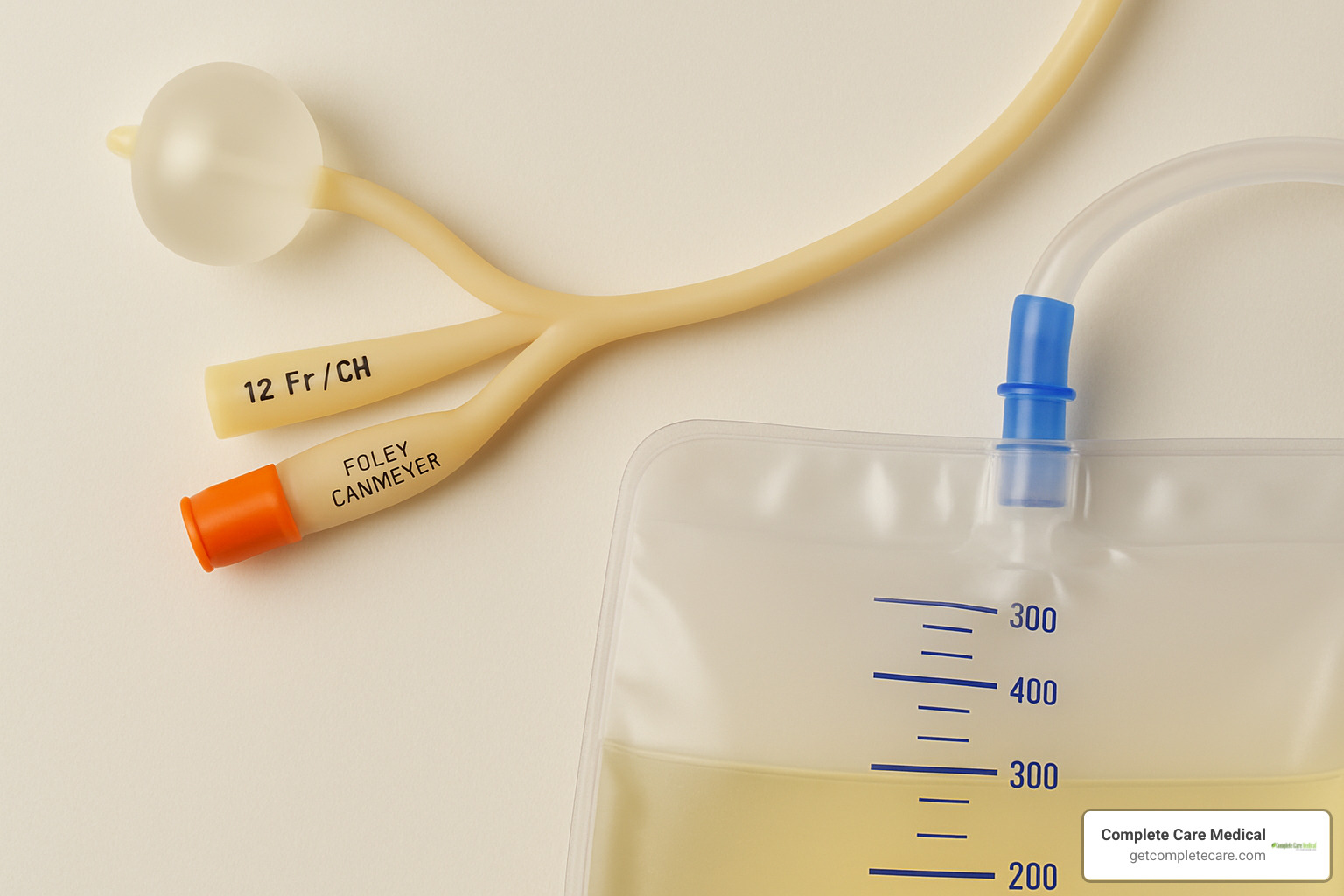 Foley catheter showing balloon port and drainage funnel connected to drainage bag - catheter and urological supplies