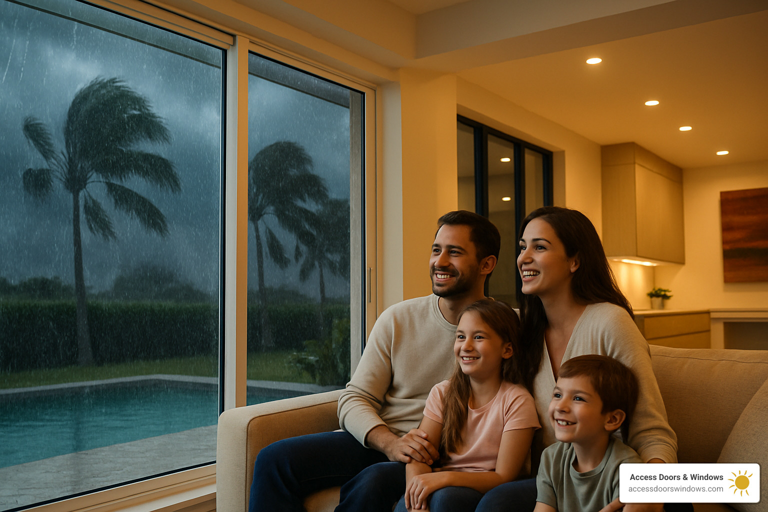 Family feeling safe and comfortable in their Boca Raton home during a storm, viewed from inside - hurricane impact windows boca raton