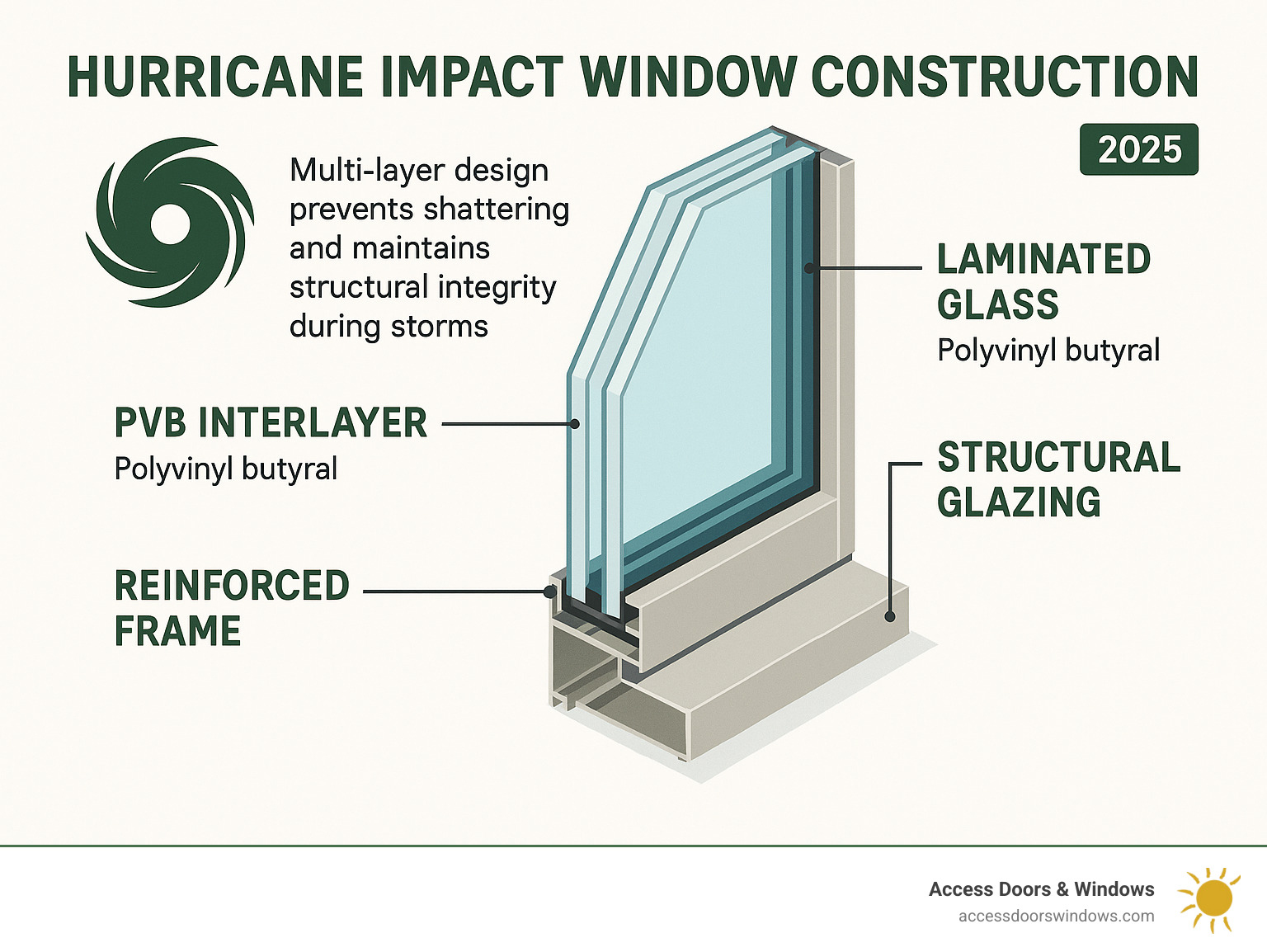 Detailed cross-section infographic showing hurricane impact window construction with laminated glass layers, PVB interlayer, reinforced frame, and structural glazing components, demonstrating how the multi-layer design prevents shattering and maintains structural integrity during storm conditions - hurricane impact windows boca raton infographic 
