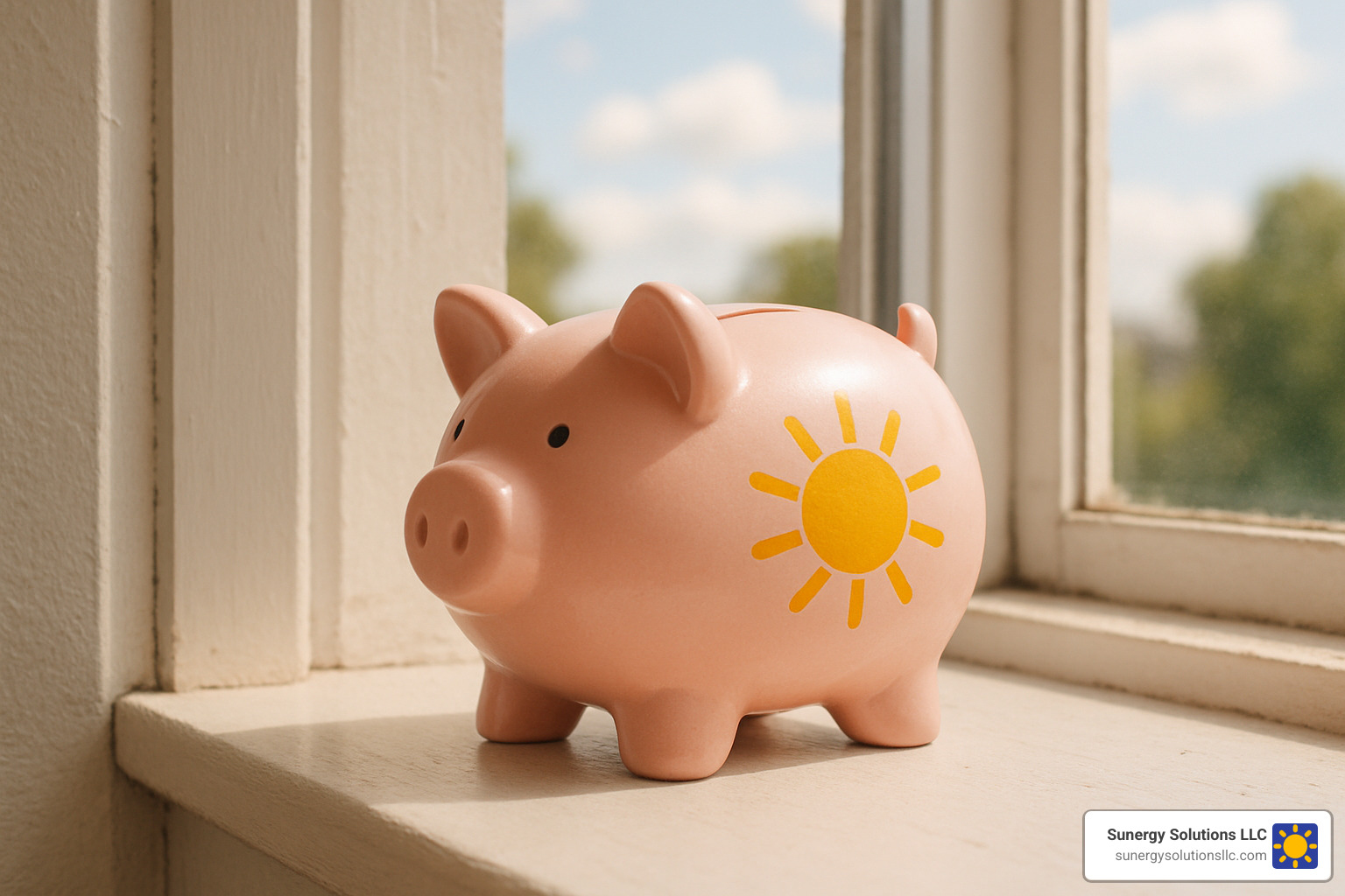 A piggy bank with a sun logo on it, sitting on a windowsill - solar energy consultants near me