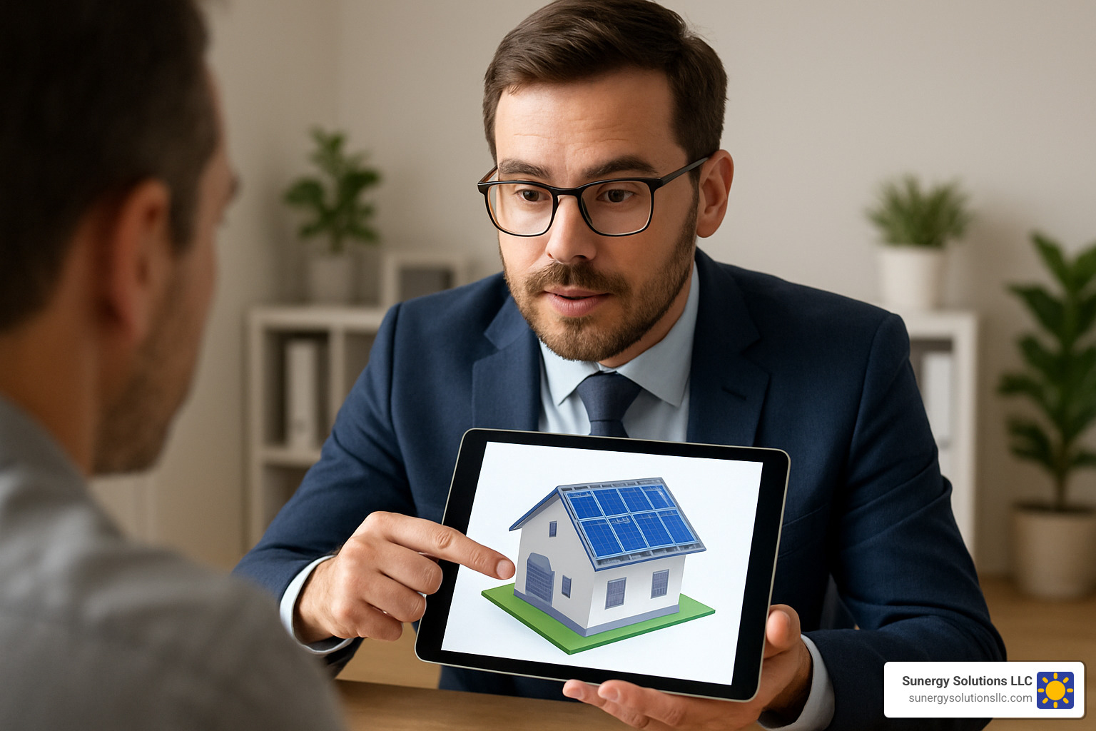 A consultant using a tablet to show a 3D model of a solar installation on a house's roof - solar energy consultants near me