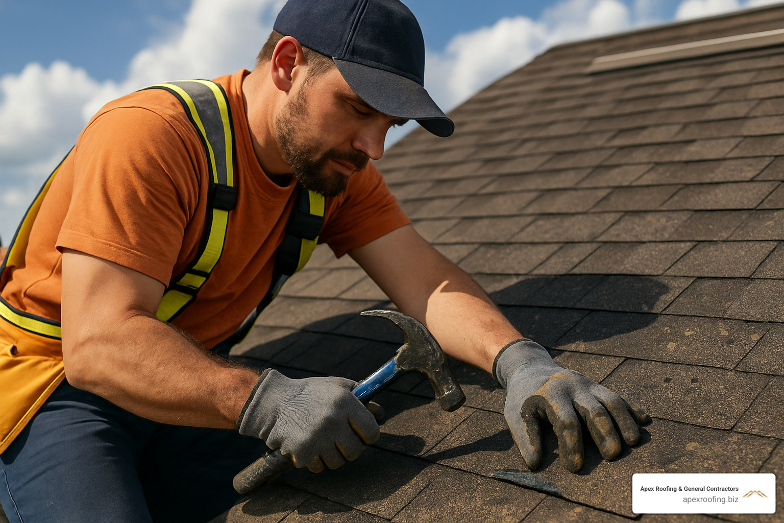 Professional roofer repairing hail damage on asphalt shingle roof - roof restoration San Antonio