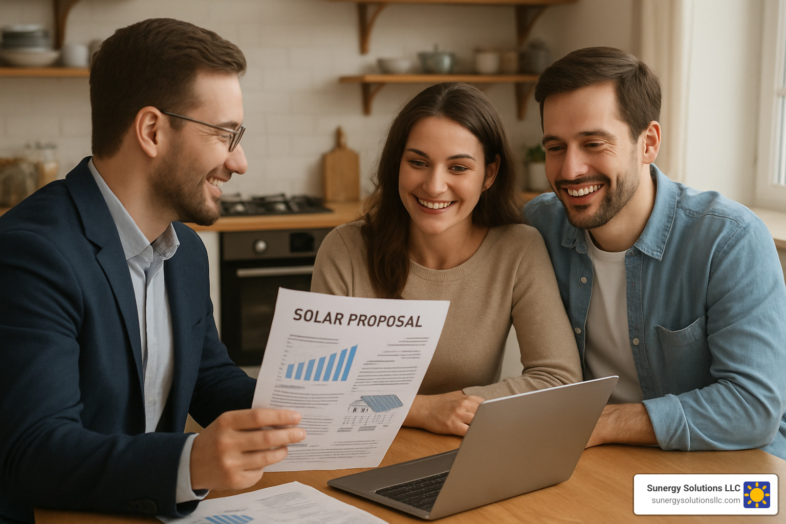 A solar consultant explaining a detailed solar proposal to a smiling couple at their kitchen table - solar energy consultants near me