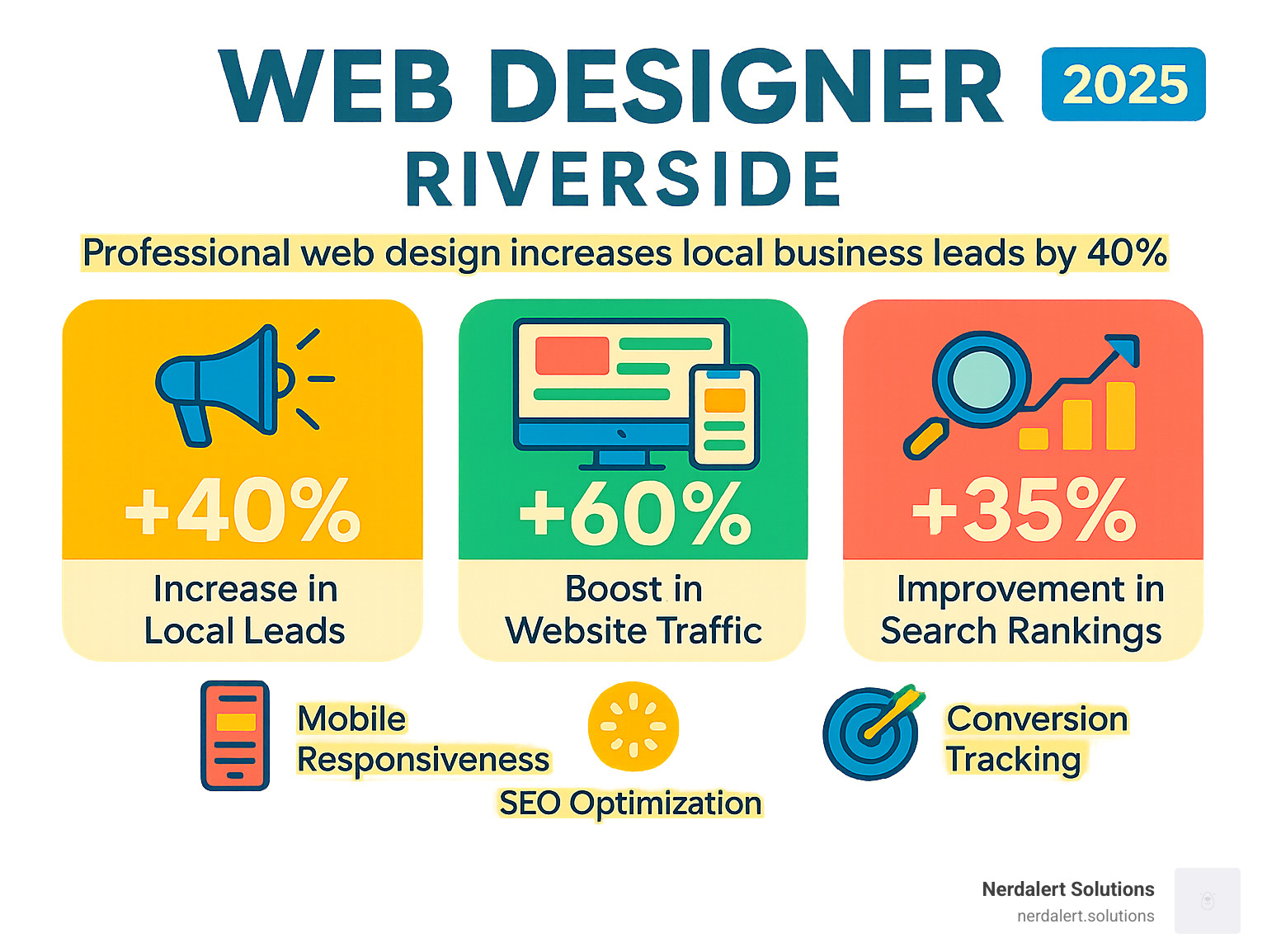 Infographic showing how professional web design increases local business leads by 40%, boosts website traffic by 60%, and improves search engine rankings by 35%, with icons representing mobile responsiveness, SEO optimization, and conversion tracking - web designer riverside infographic 