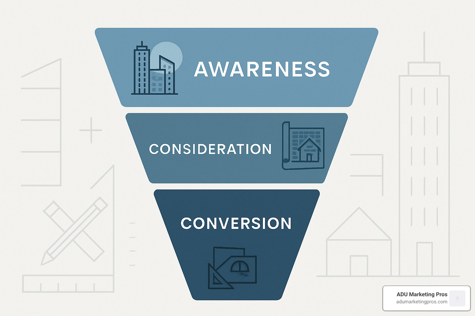 A digital marketing funnel with architectural icons at each stage showing awareness, consideration, and conversion phases - architecture firms digital strategy