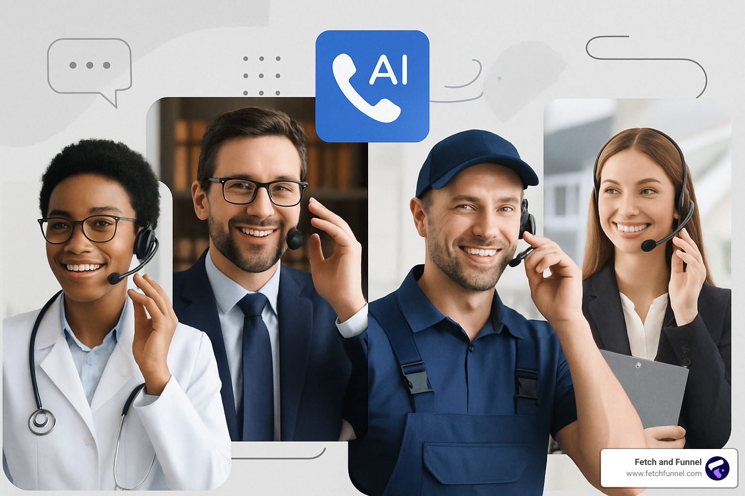 Collage showing diverse professionals including a doctor, lawyer, plumber, and real estate agent, all benefiting from AI call answering solutions - AI call answering solution