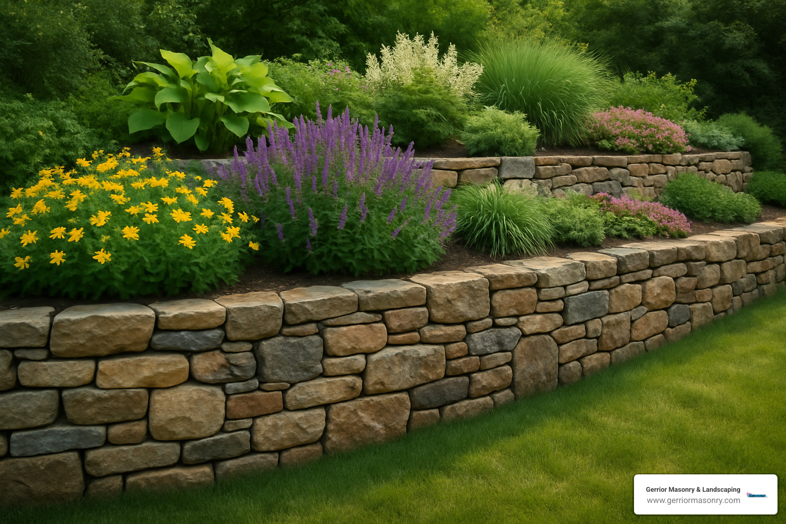 beautifully installed natural stone retaining wall creating a terraced garden - retaining wall installation