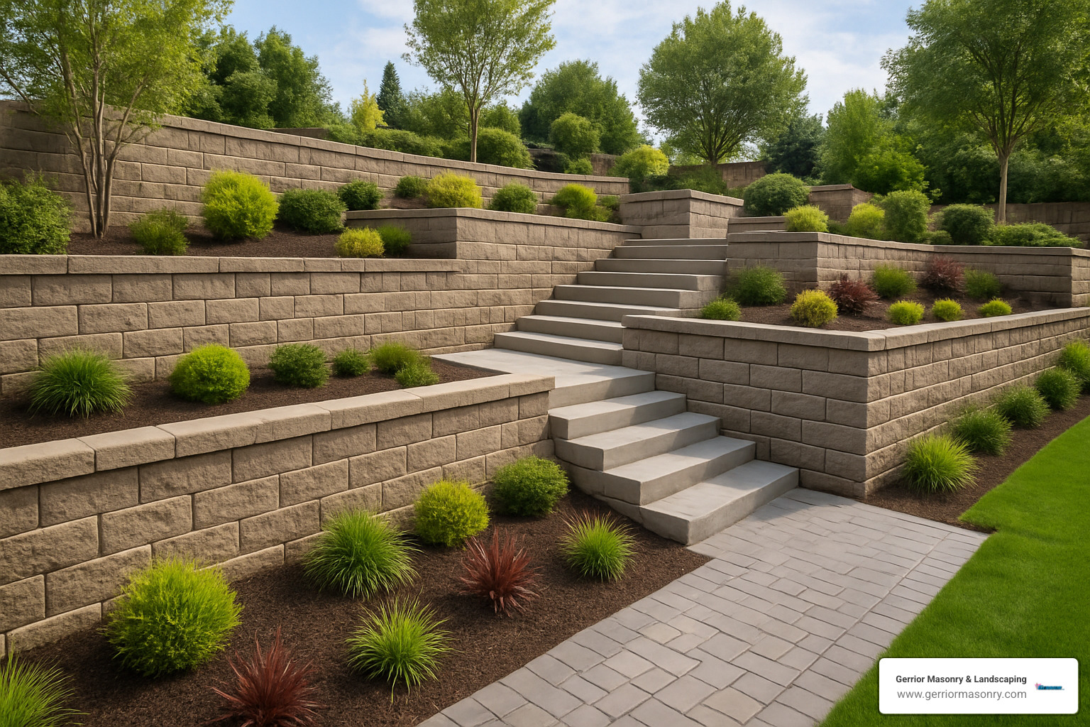 large, complex retaining wall with built-in stairs to illustrate a high-end project - retaining wall installation