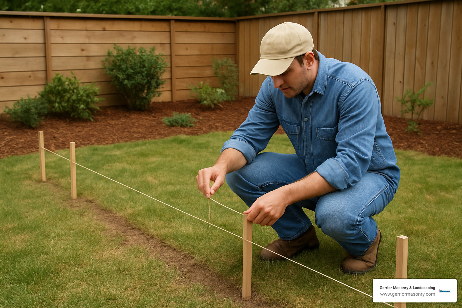 person using stakes and string to mark the layout for a new retaining wall - retaining wall installation