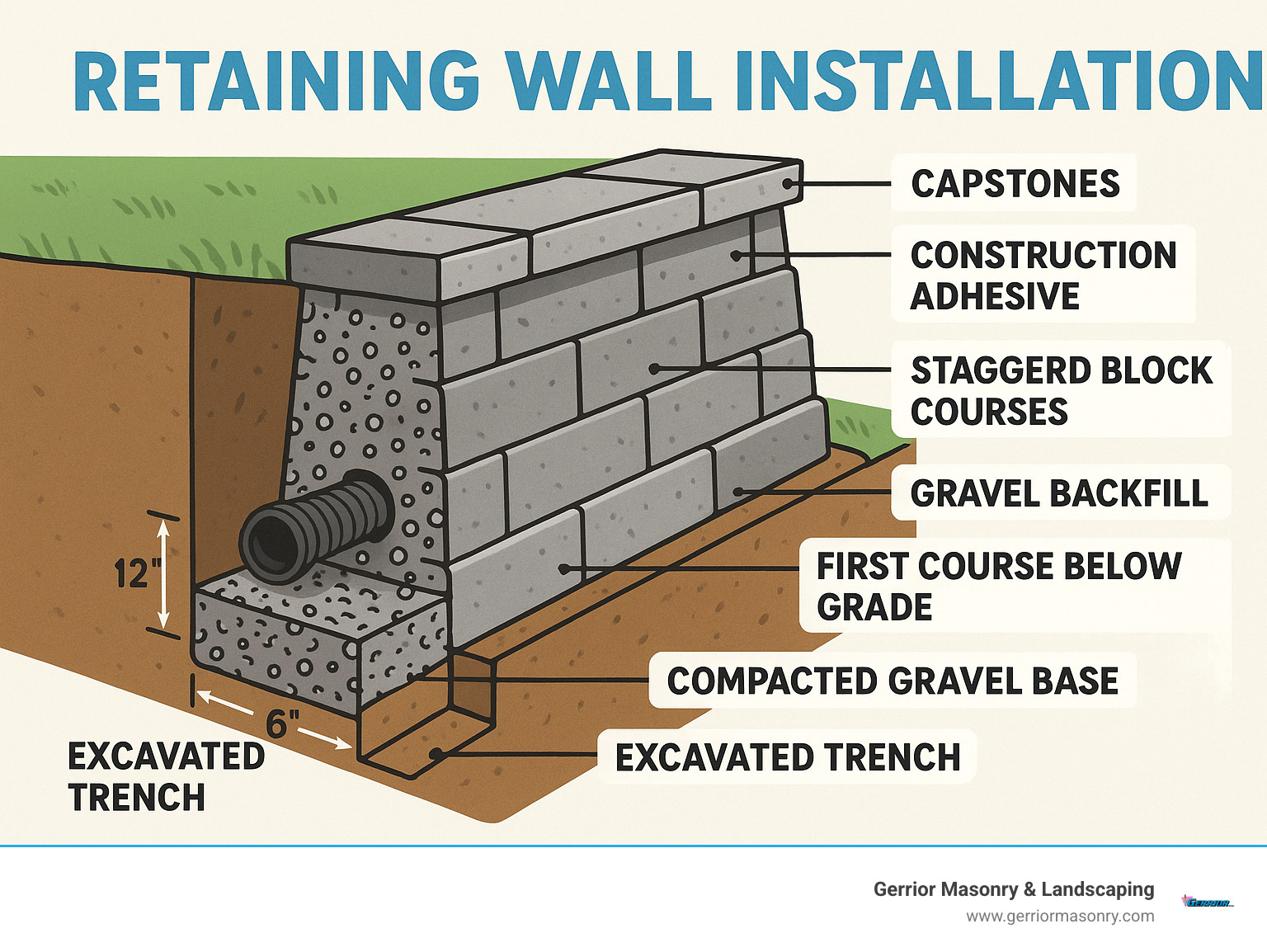Detailed infographic showing proper retaining wall construction with labeled components including excavated trench dimensions, compacted gravel base layer, first course placement below grade, perforated drainage pipe installation, gravel backfill behind wall, staggered block courses, and capstone installation with construction adhesive - retaining wall installation infographic 