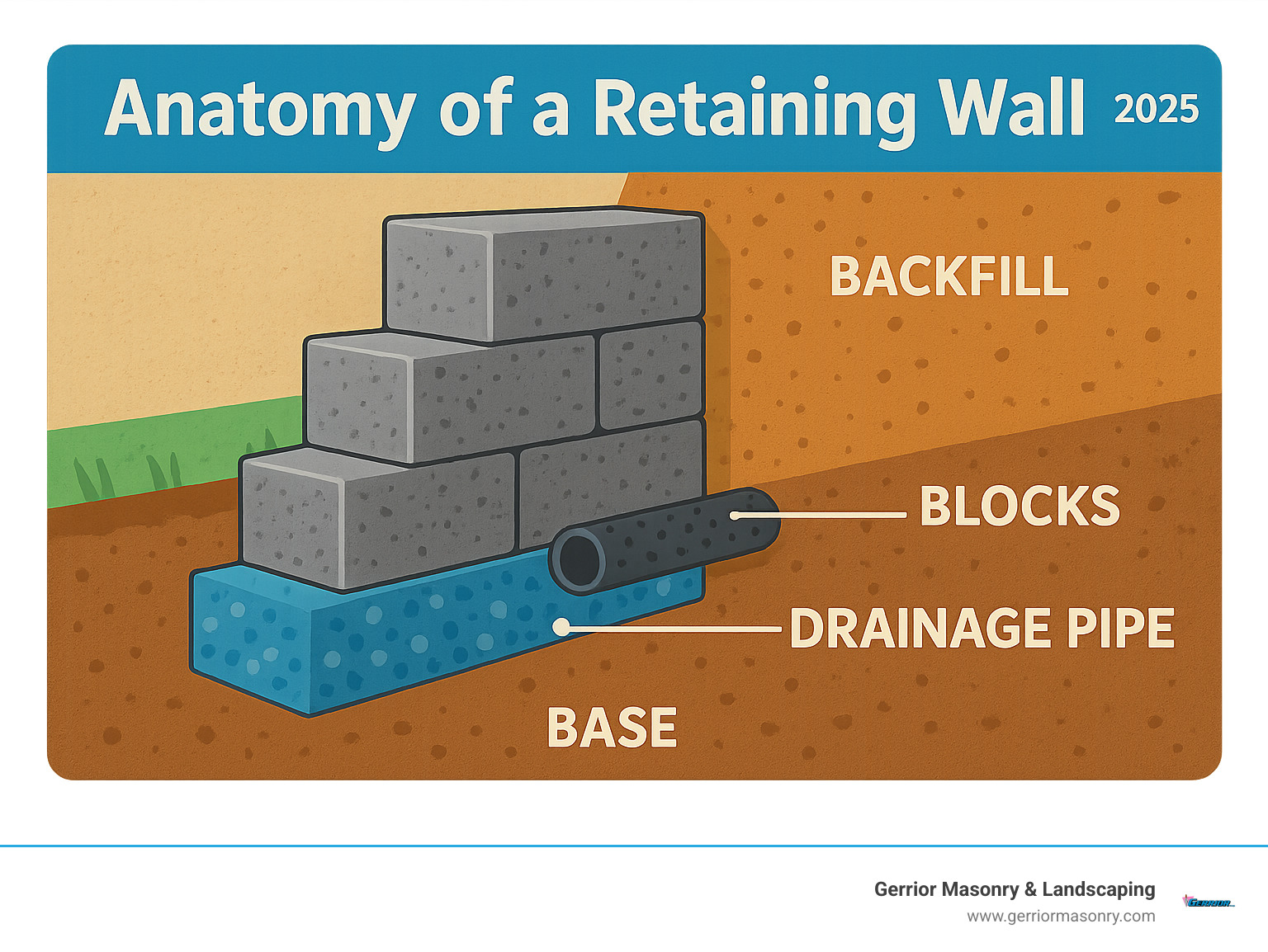 explaining the anatomy of a retaining wall, showing the base, blocks, backfill, and drainage pipe - retaining wall installation infographic 