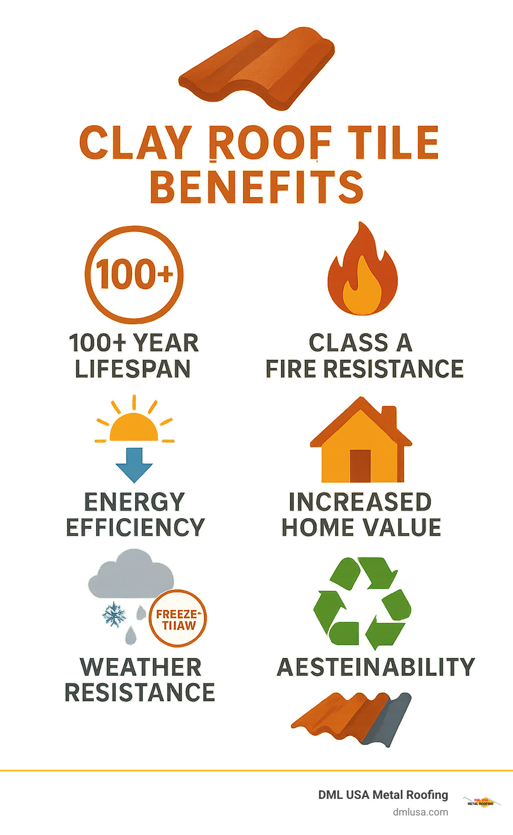 Comprehensive comparison infographic showing clay roof tile benefits including 100+ year lifespan, Class A fire resistance, energy efficiency through natural cooling properties, increased home value, weather resistance including freeze-thaw certification, sustainability through natural materials and recycled content, and aesthetic versatility with multiple profiles and colors available from top USA manufacturers - clay roof tile manufacturers usa infographic 