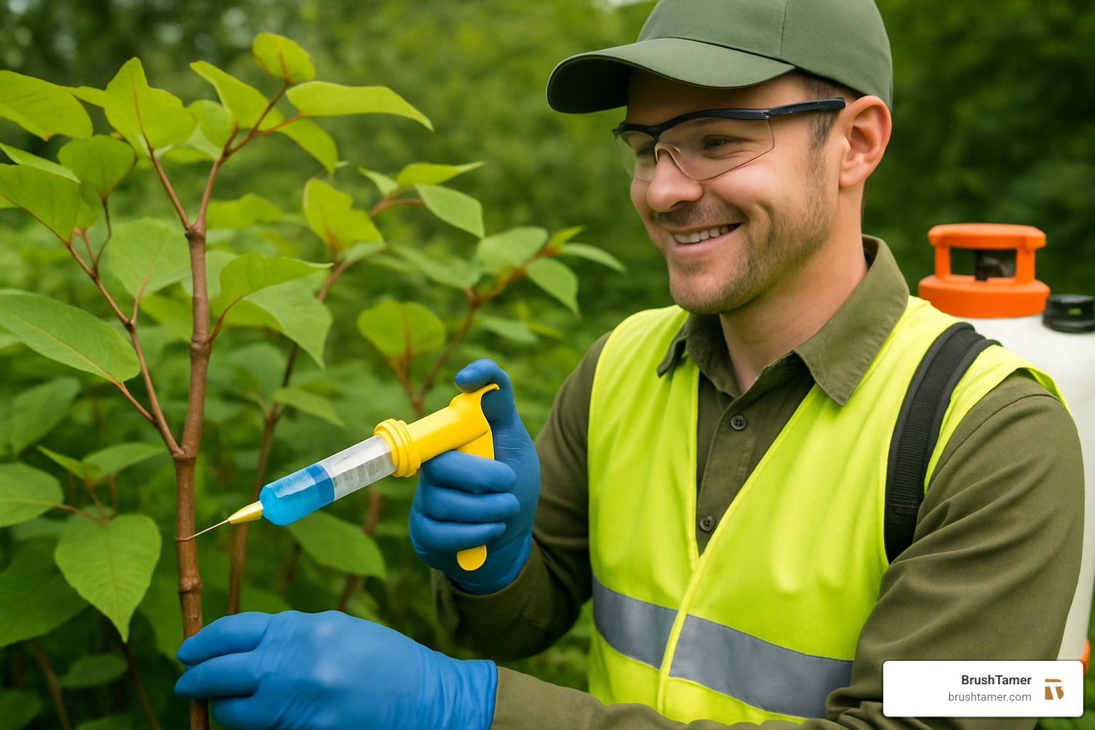 Professional applying herbicide to Japanese knotweed using stem injection technique - japanese knotweed treatment