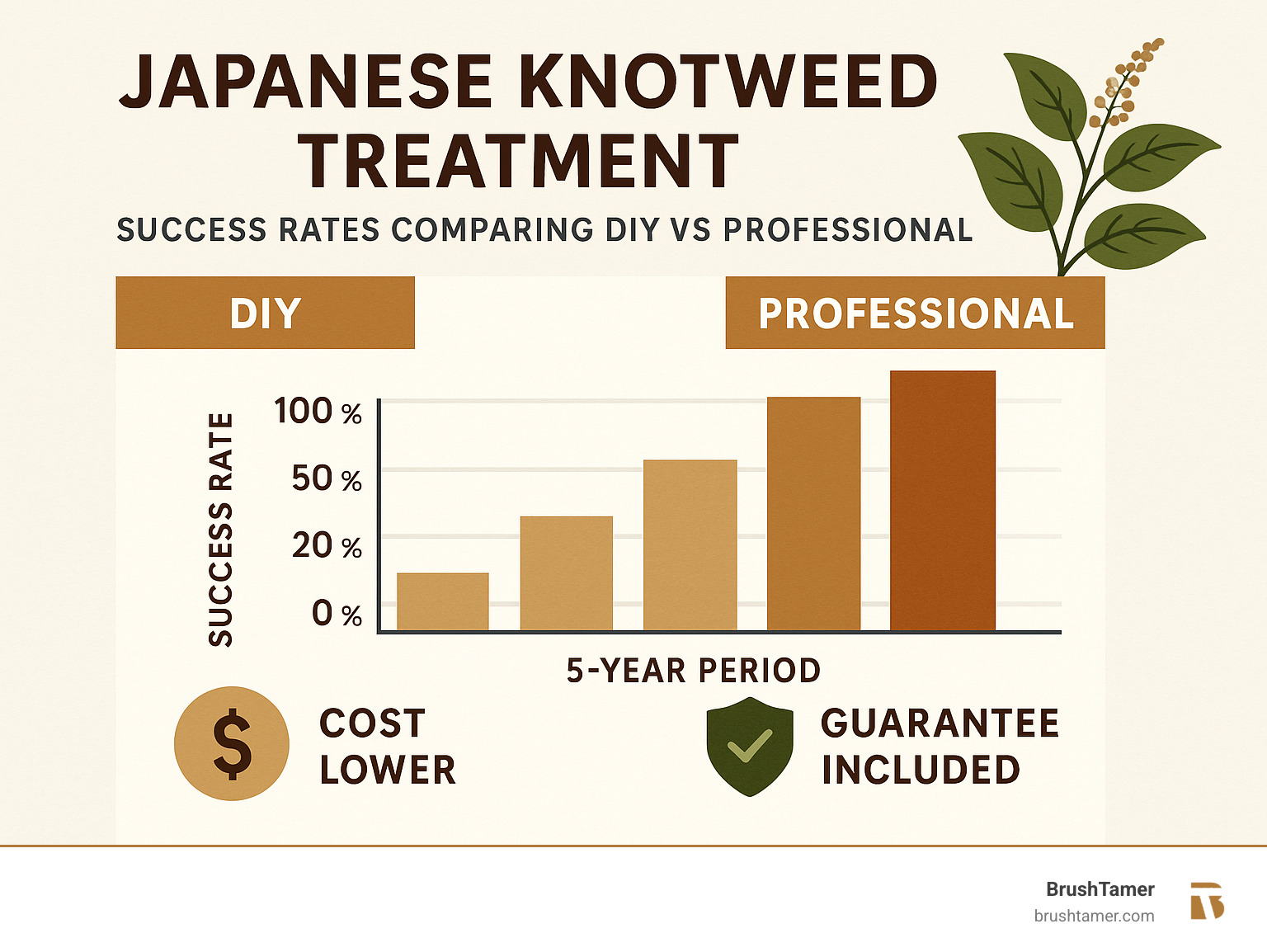 Statistical infographic showing Japanese knotweed treatment success rates comparing DIY vs professional methods over 5-year period with cost analysis and guarantee coverage - japanese knotweed treatment infographic 