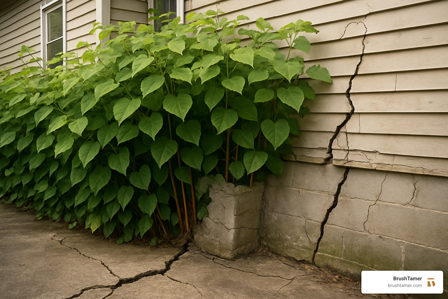 Dense Japanese knotweed stand growing next to a building showing structural damage - japanese knotweed treatment