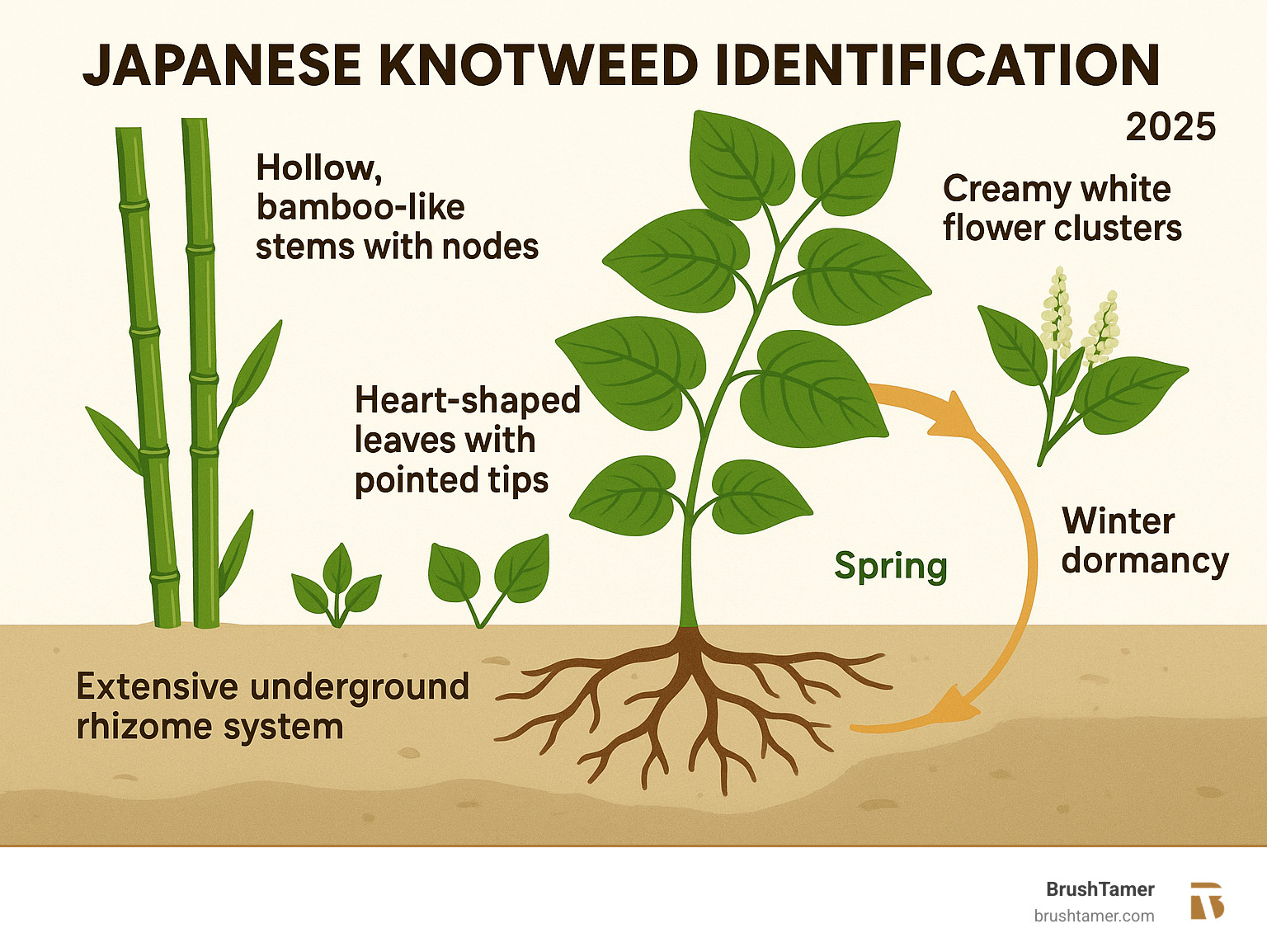 Comprehensive infographic showing Japanese knotweed identification features including hollow bamboo-like stems with nodes, heart-shaped leaves with pointed tips, creamy white flower clusters, and extensive underground rhizome system with seasonal growth cycle from spring emergence through winter dormancy - japanese knotweed treatment infographic 